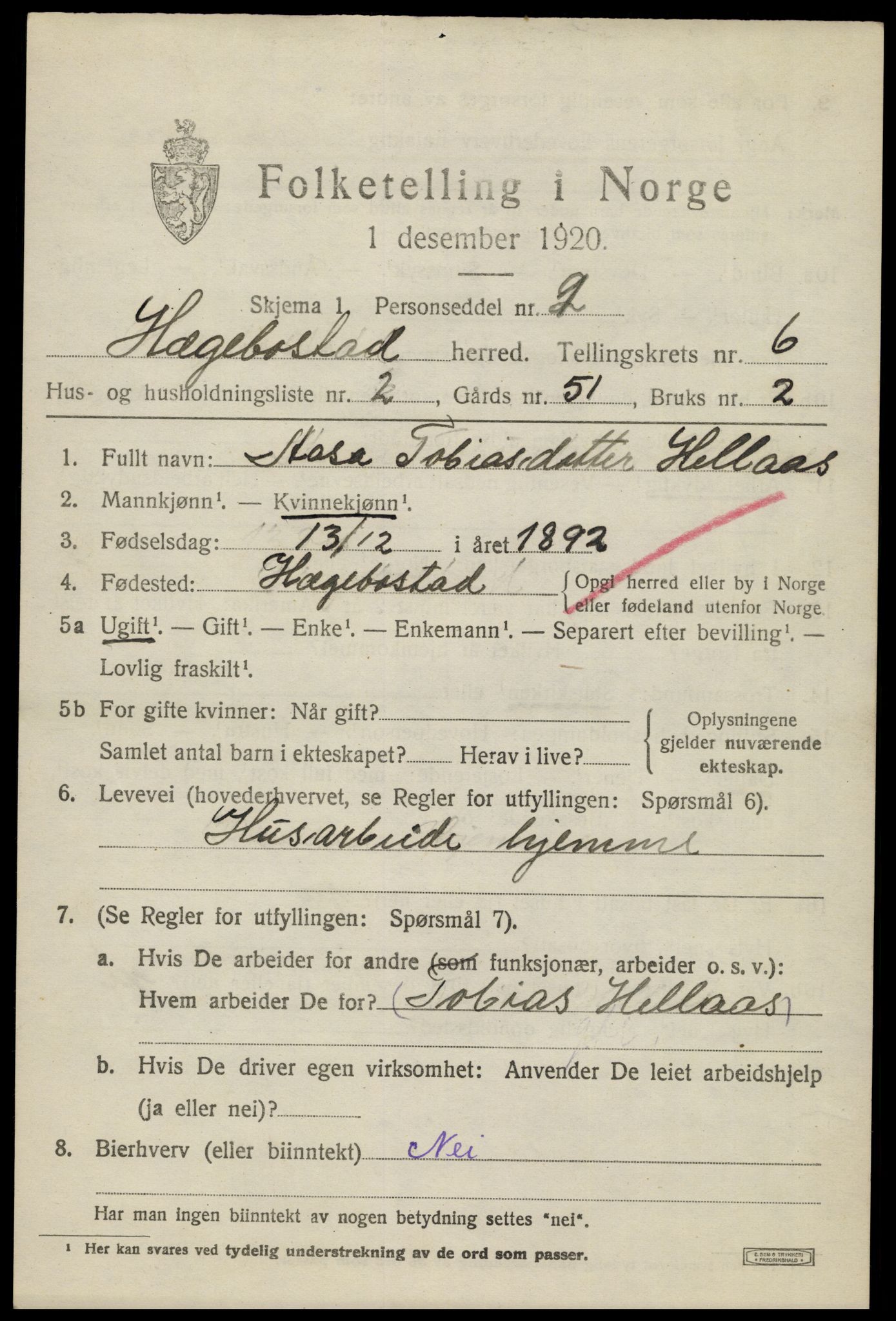 SAK, 1920 census for Hægebostad, 1920, p. 2007