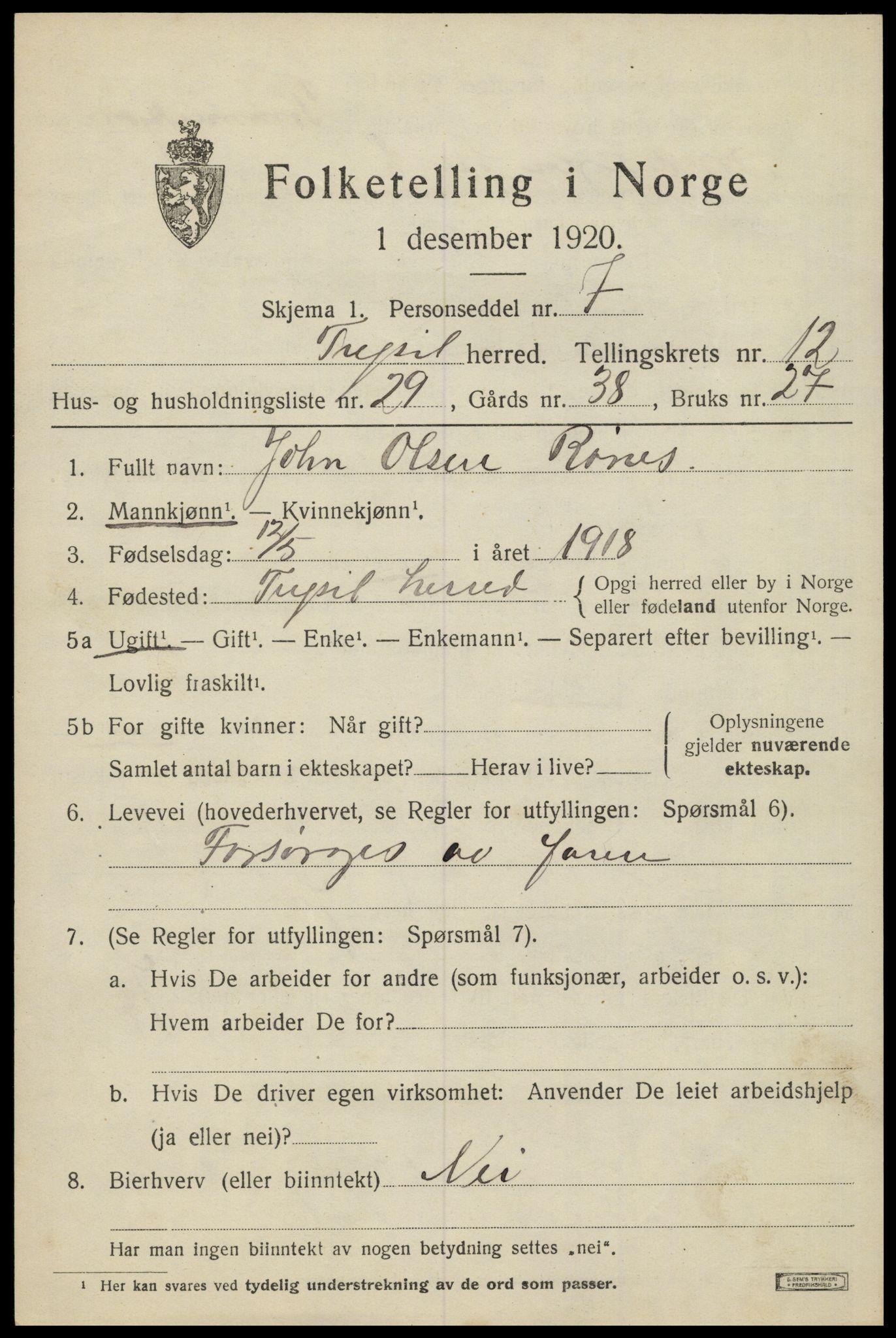 SAH, 1920 census for Trysil, 1920, p. 7529