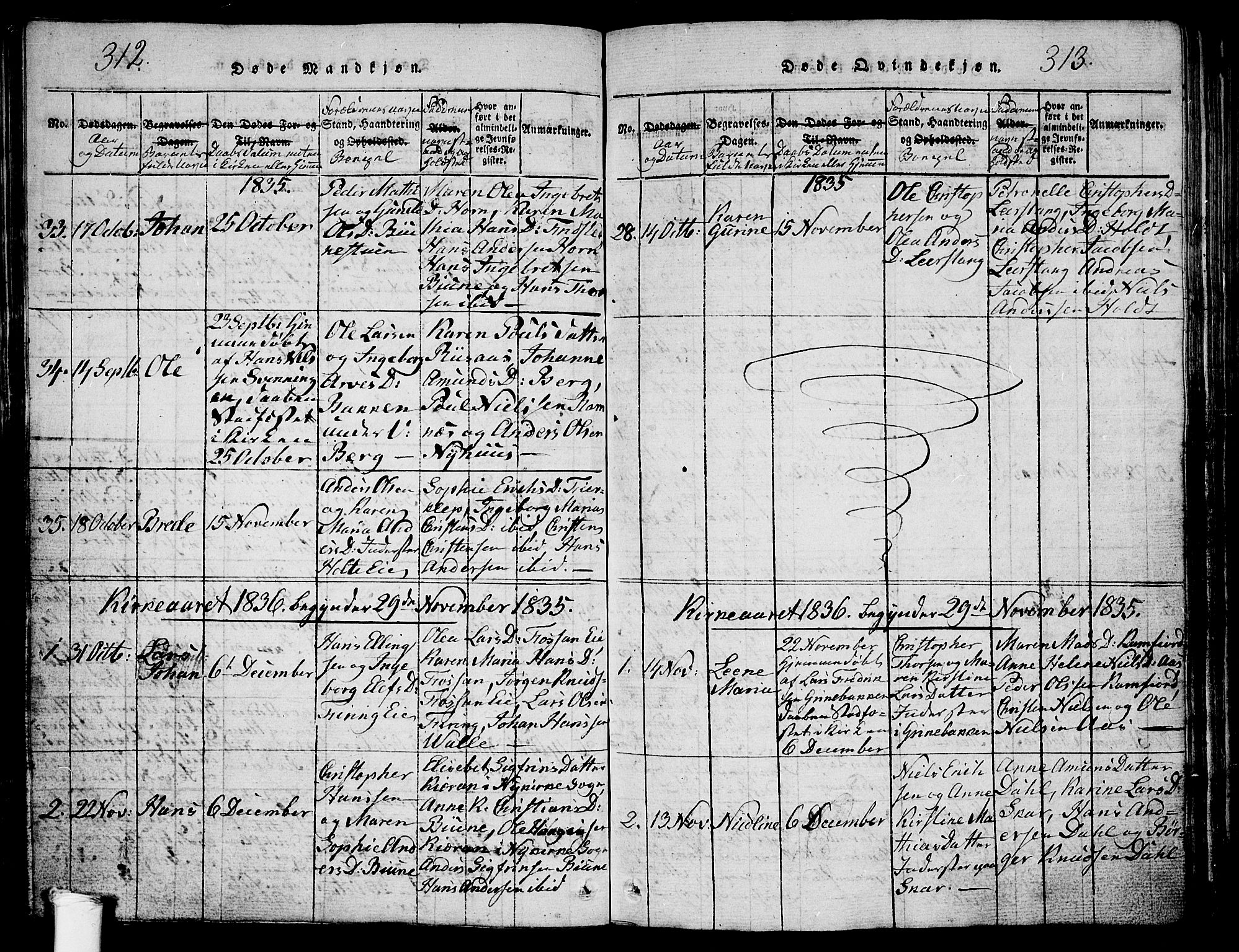 Ramnes kirkebøker, SAKO/A-314/G/Ga/L0001: Parish register (copy) no. I 1, 1813-1847, p. 312-313