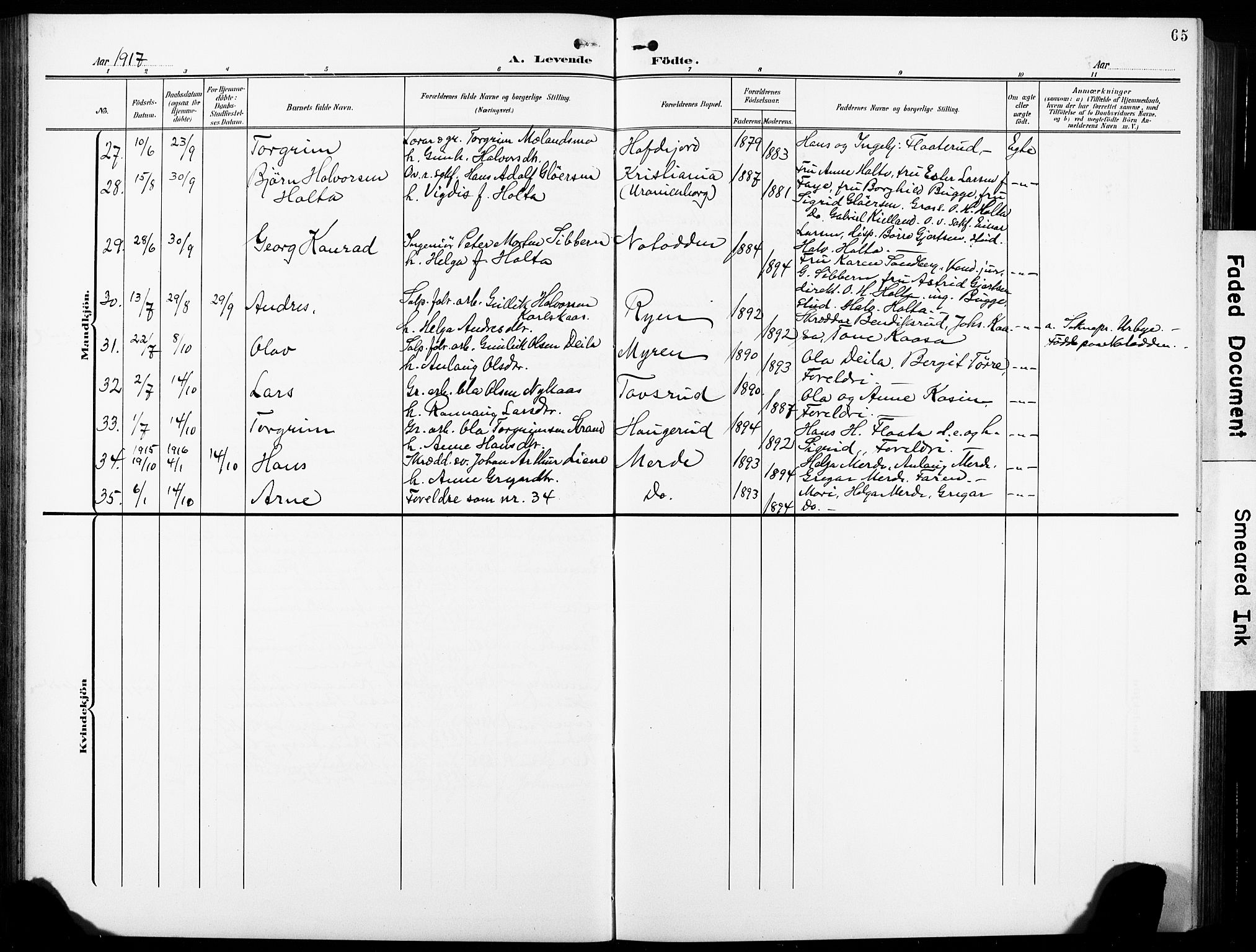 Heddal kirkebøker, AV/SAKO-A-268/G/Ga/L0003: Parish register (copy) no. I 3, 1908-1932, p. 65