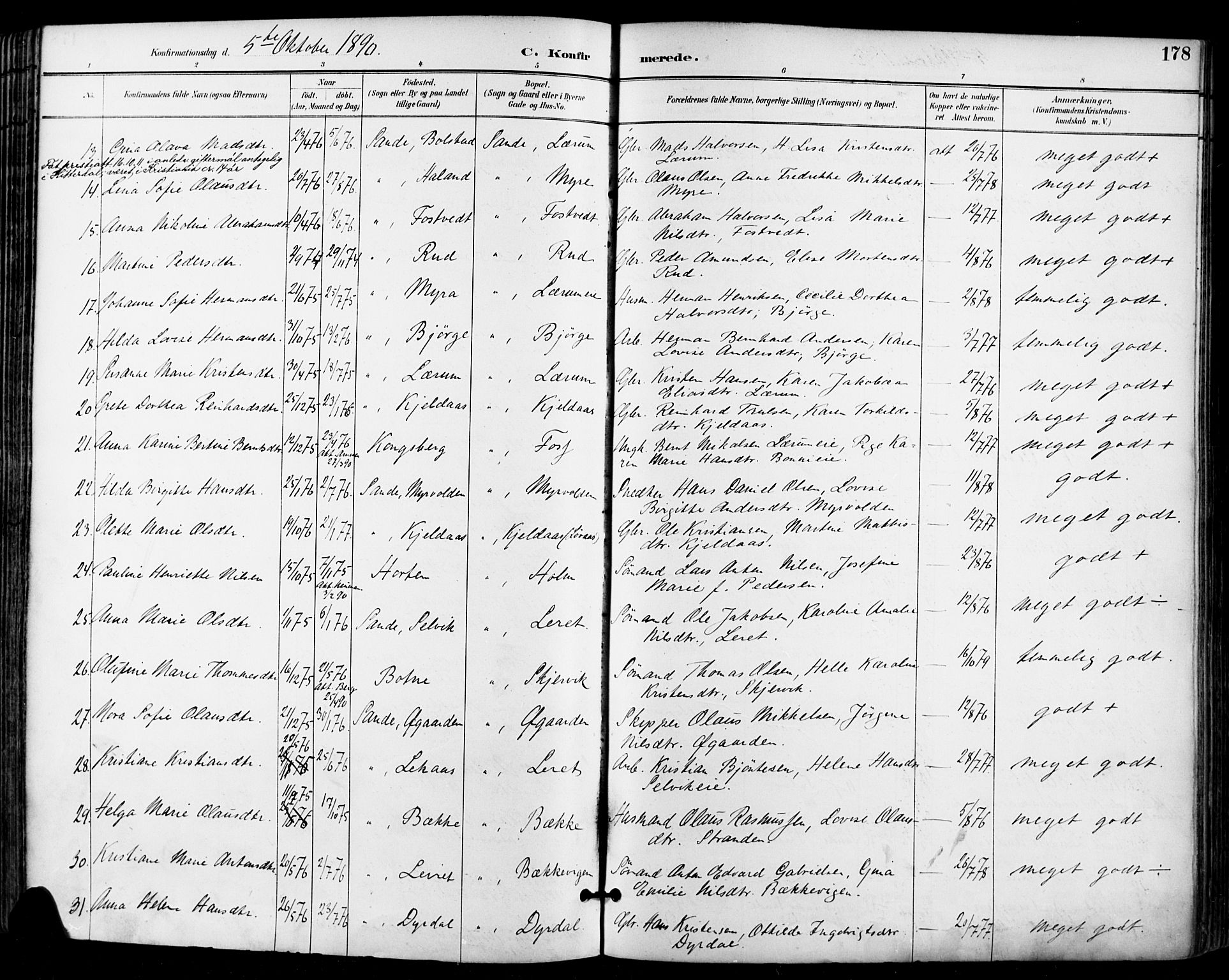 Sande Kirkebøker, SAKO/A-53/F/Fa/L0007: Parish register (official) no. 7, 1888-1903, p. 178