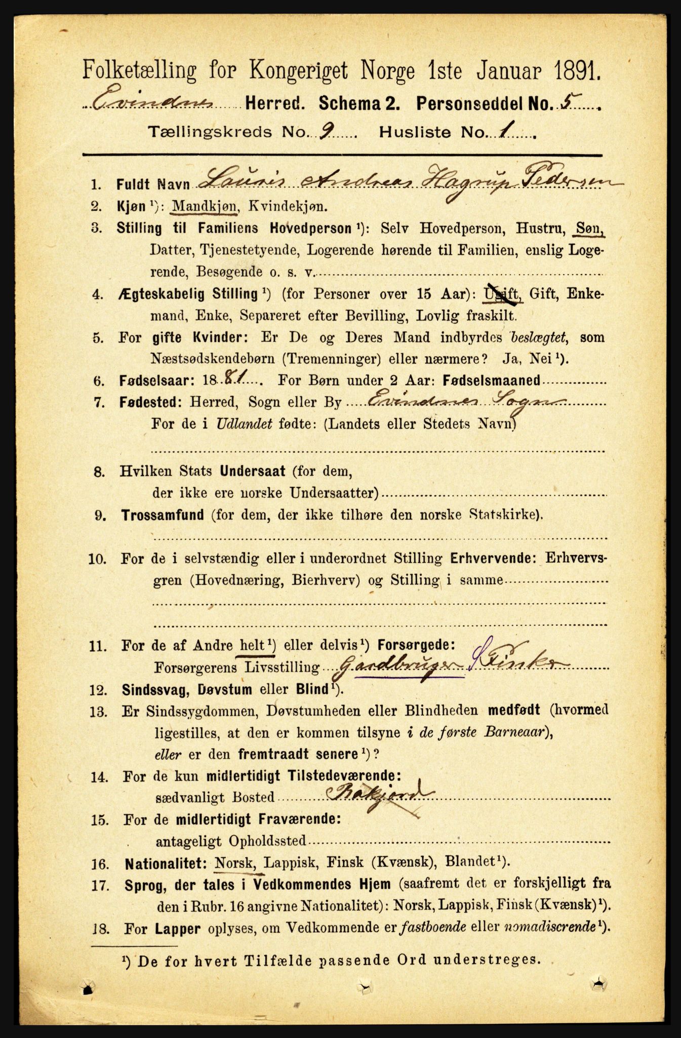 RA, 1891 census for 1853 Evenes, 1891, p. 2807