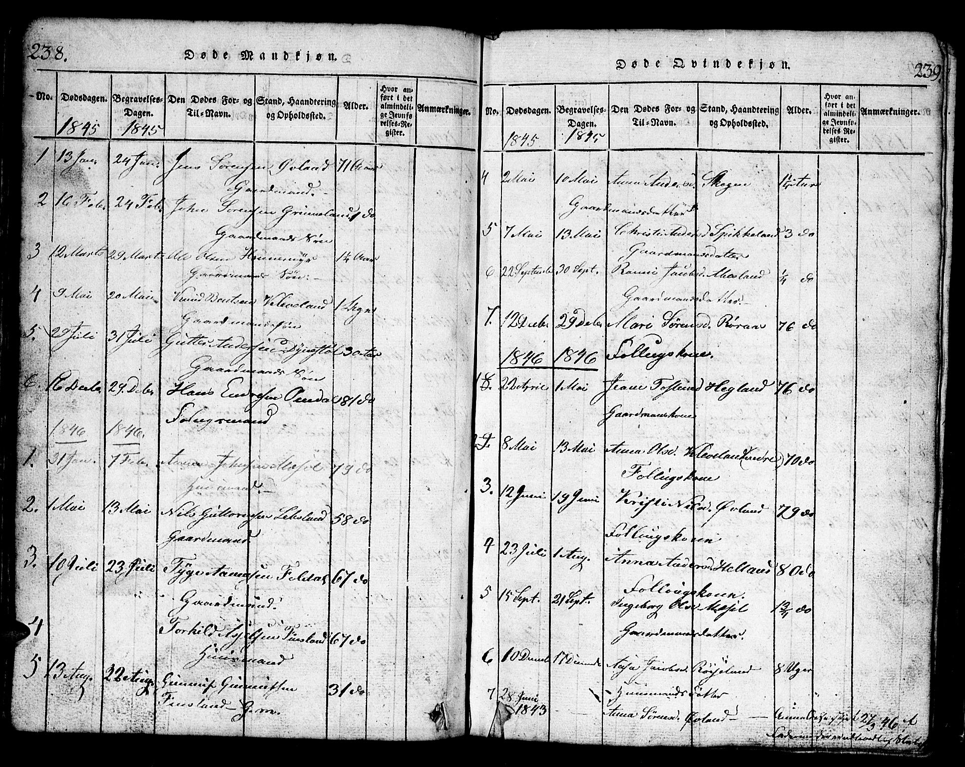 Bjelland sokneprestkontor, SAK/1111-0005/F/Fb/Fbb/L0003: Parish register (copy) no. B 3, 1816-1868, p. 238-239