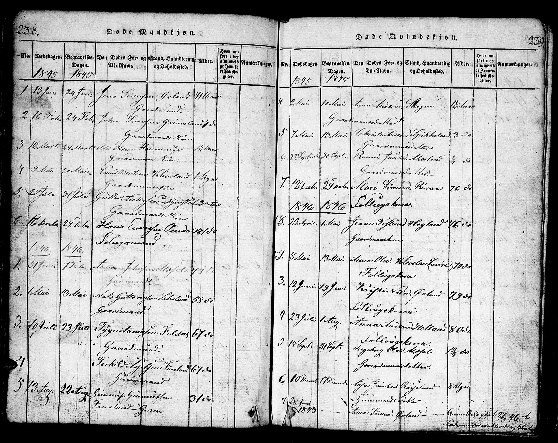 Bjelland sokneprestkontor, AV/SAK-1111-0005/F/Fb/Fbb/L0003: Parish register (copy) no. B 3, 1816-1868, p. 238-239