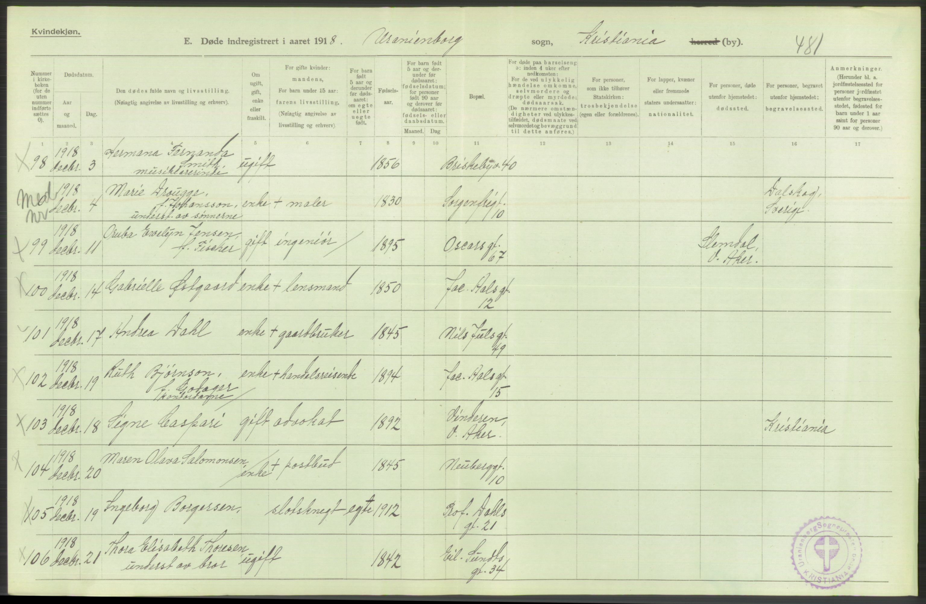 Statistisk sentralbyrå, Sosiodemografiske emner, Befolkning, RA/S-2228/D/Df/Dfb/Dfbh/L0010: Kristiania: Døde, 1918, p. 238