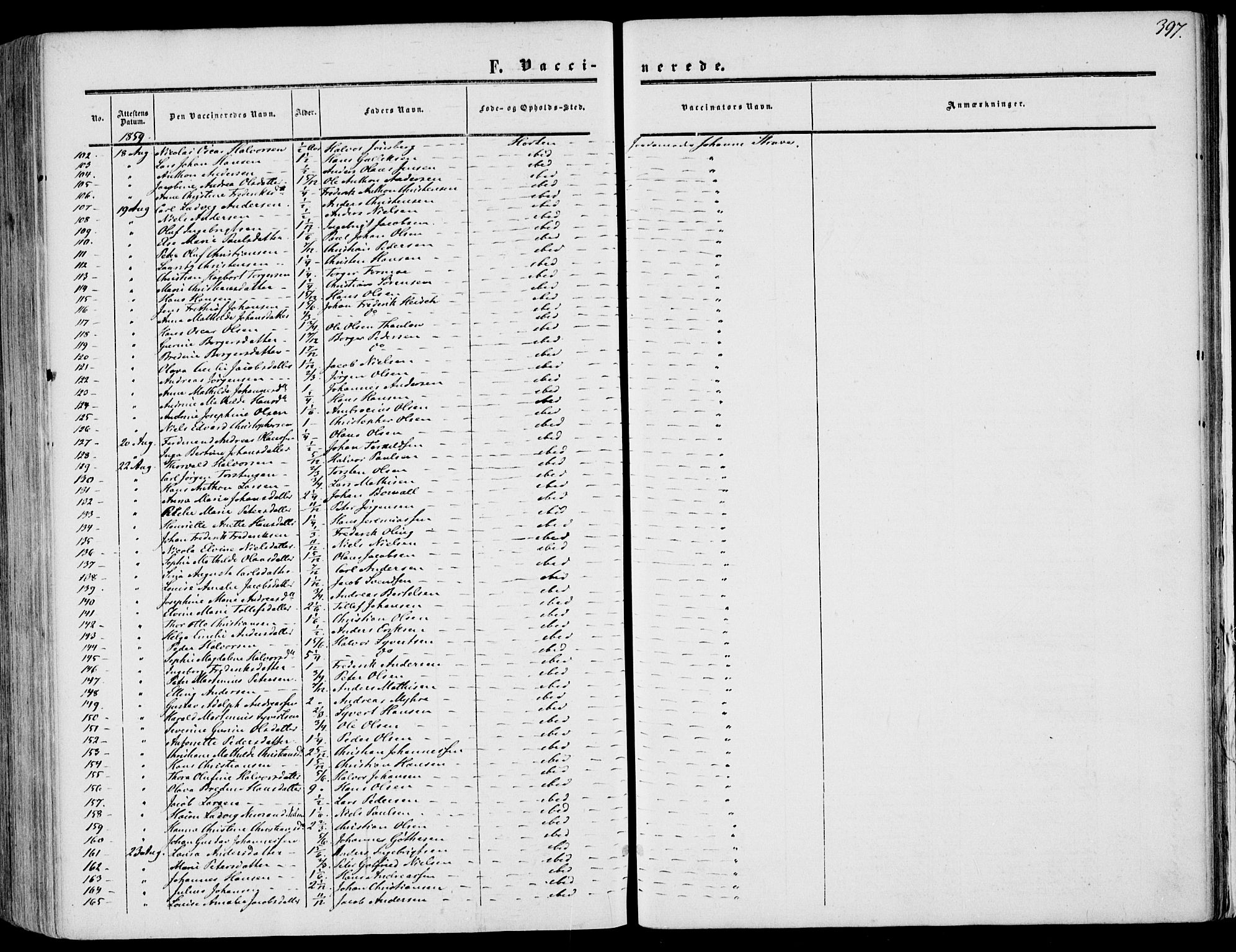 Borre kirkebøker, AV/SAKO-A-338/F/Fa/L0006: Parish register (official) no. I 6, 1852-1862, p. 397