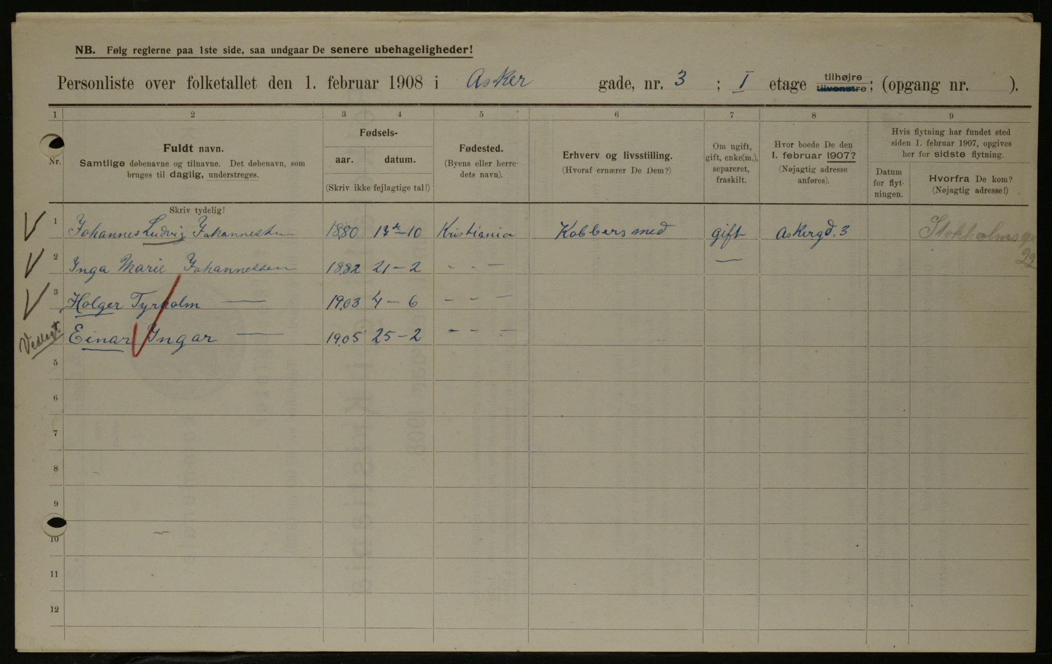 OBA, Municipal Census 1908 for Kristiania, 1908, p. 2625