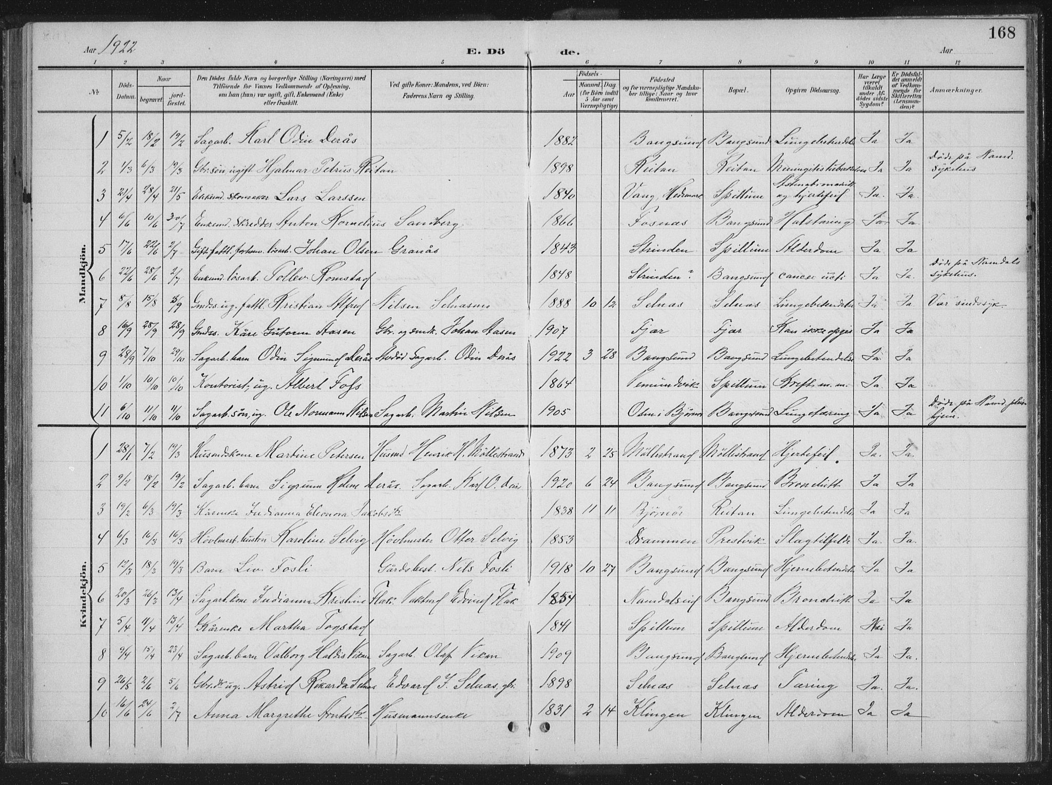 Ministerialprotokoller, klokkerbøker og fødselsregistre - Nord-Trøndelag, SAT/A-1458/770/L0591: Parish register (copy) no. 770C02, 1902-1940, p. 168