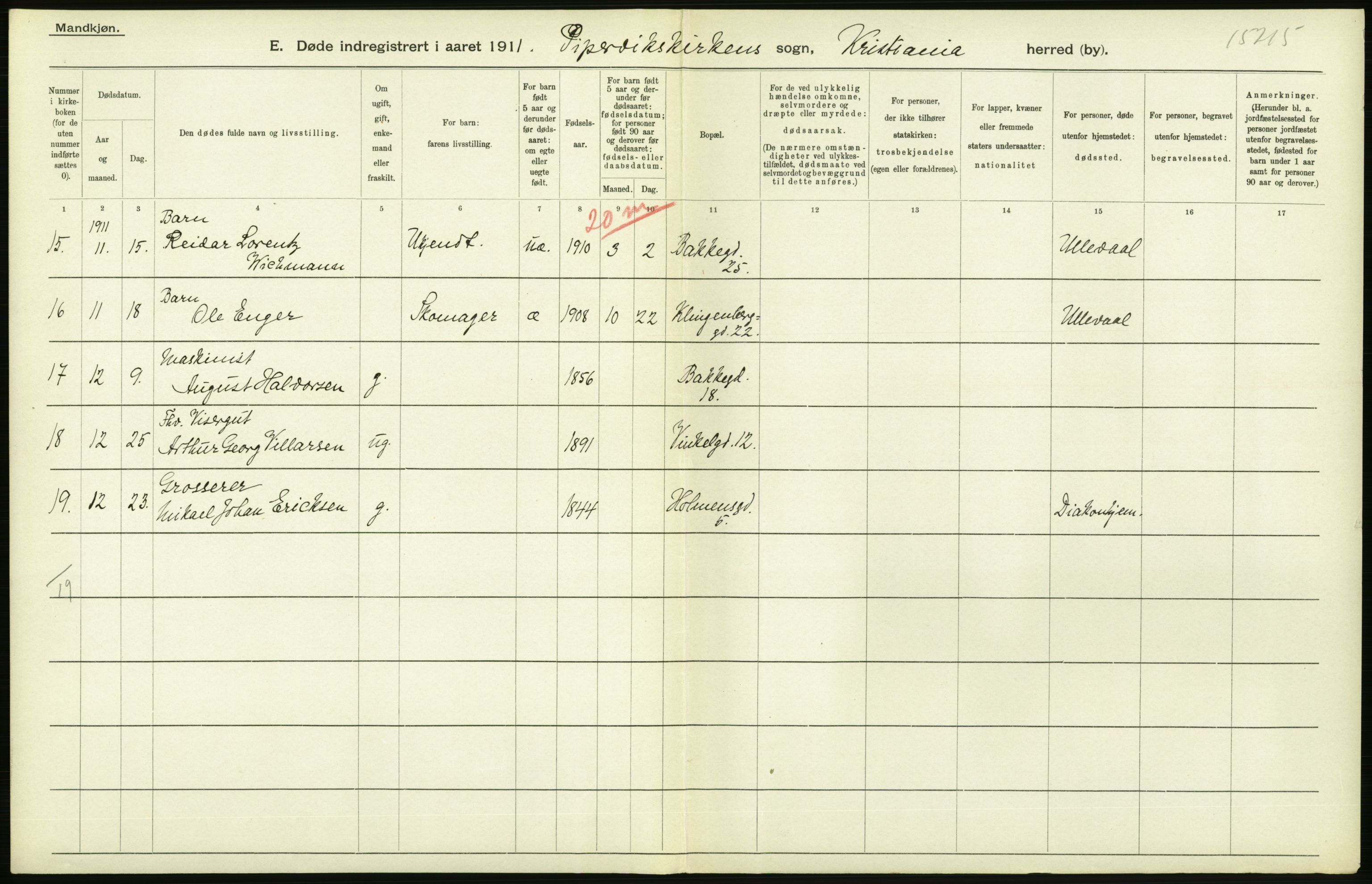 Statistisk sentralbyrå, Sosiodemografiske emner, Befolkning, RA/S-2228/D/Df/Dfb/Dfba/L0009: Kristiania: Døde menn, 1911, p. 352