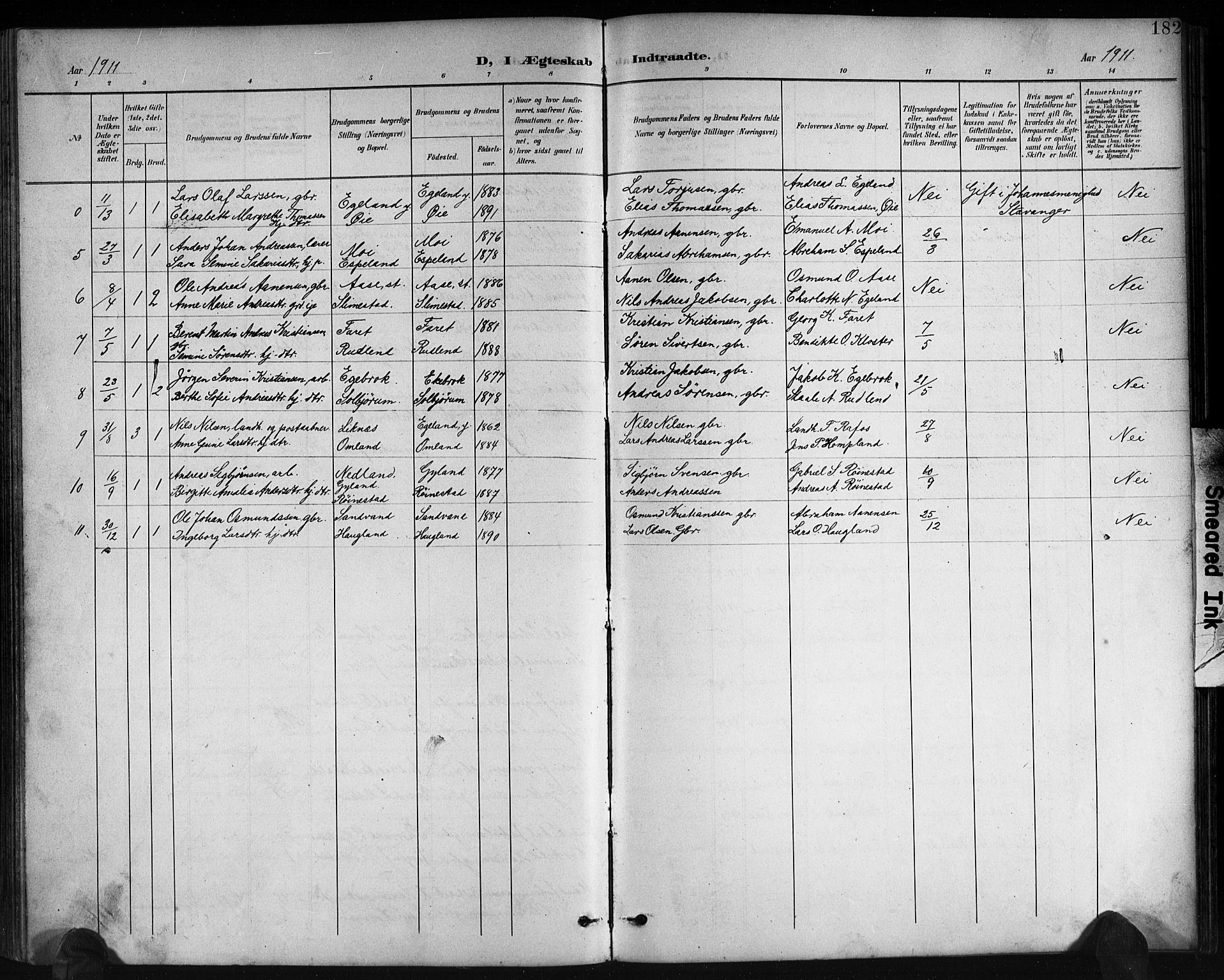 Kvinesdal sokneprestkontor, AV/SAK-1111-0026/F/Fb/Fbb/L0003: Parish register (copy) no. B 3, 1898-1916, p. 182