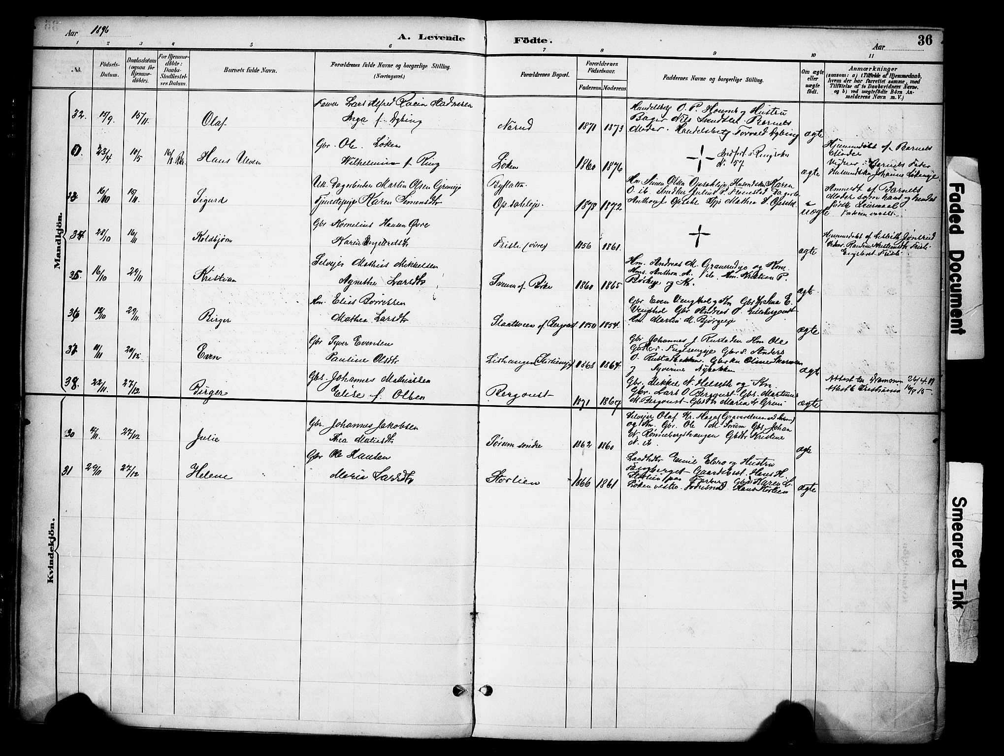 Ringsaker prestekontor, AV/SAH-PREST-014/K/Ka/L0016: Parish register (official) no. 16, 1891-1904, p. 36