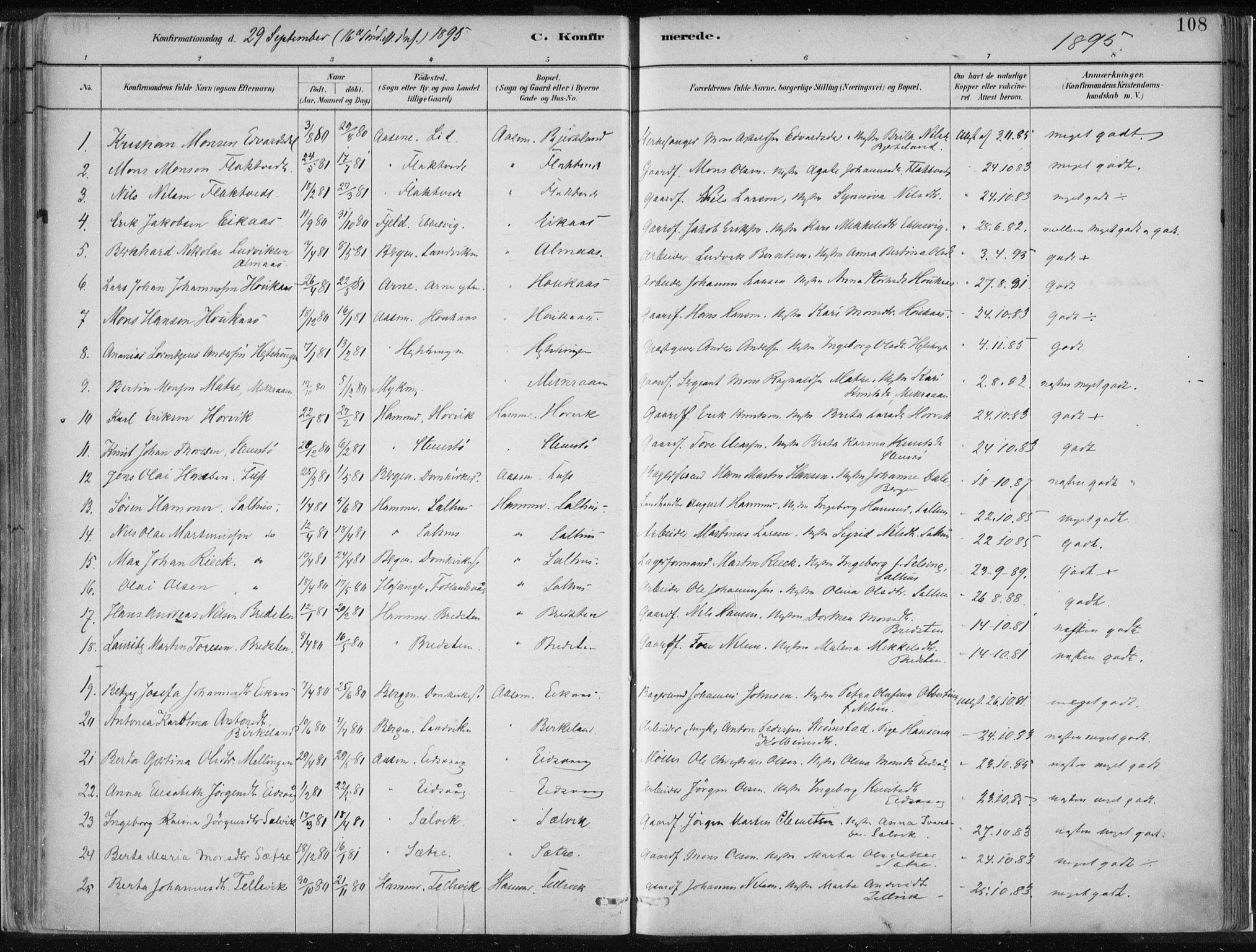 Hamre sokneprestembete, SAB/A-75501/H/Ha/Haa/Haad/L0001: Parish register (official) no. D  1, 1882-1906, p. 108