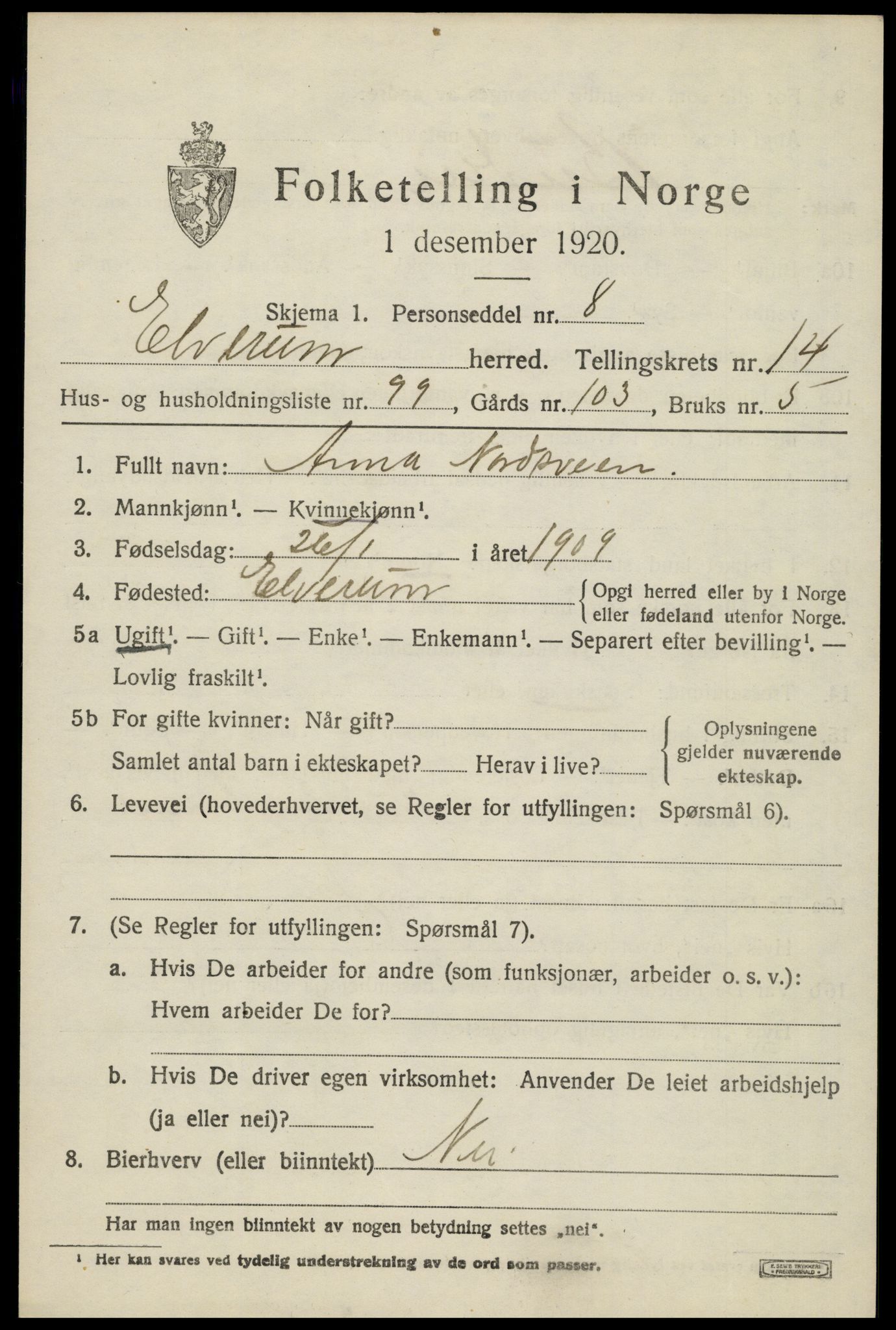 SAH, 1920 census for Elverum, 1920, p. 19264