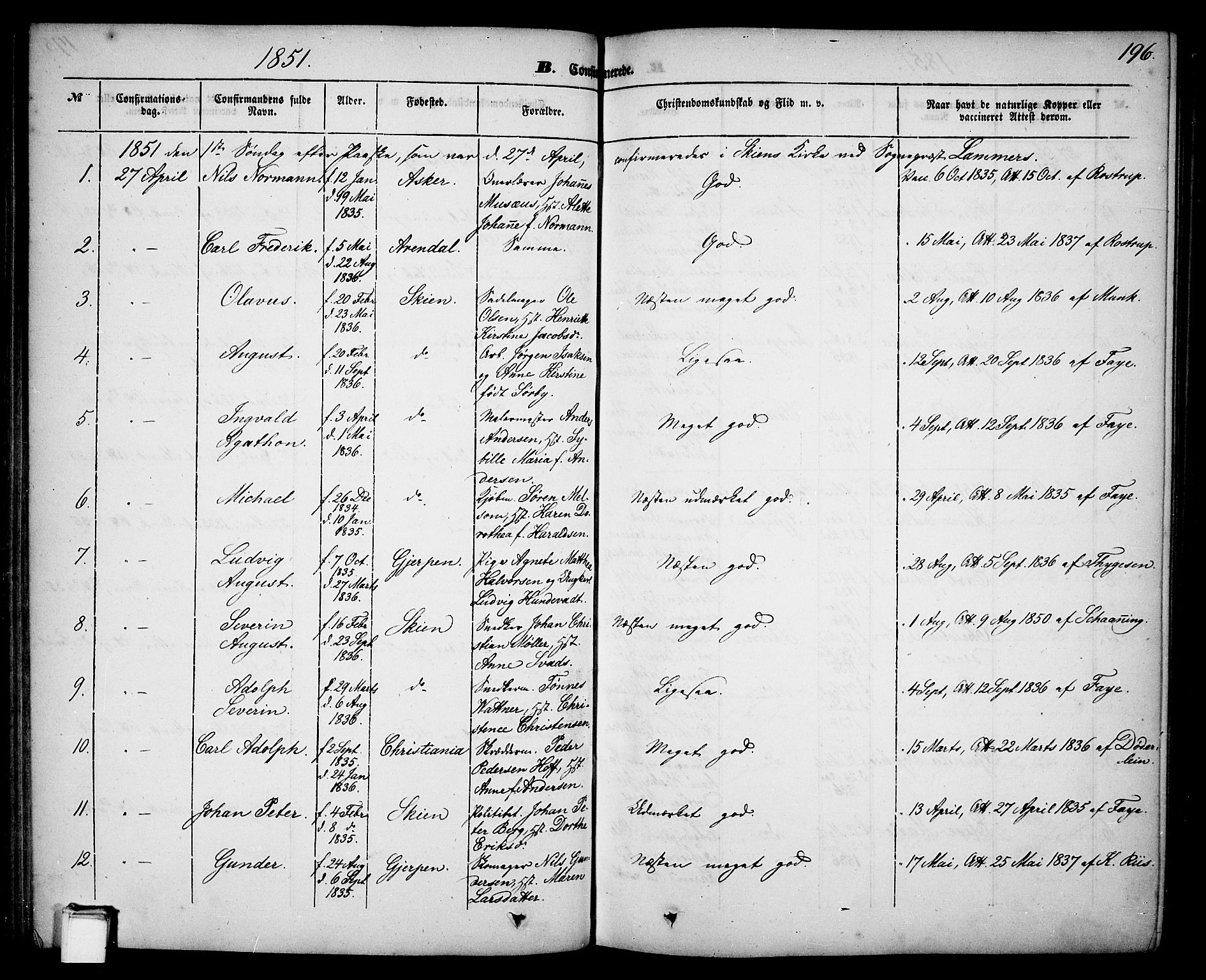 Skien kirkebøker, AV/SAKO-A-302/G/Ga/L0004: Parish register (copy) no. 4, 1843-1867, p. 196