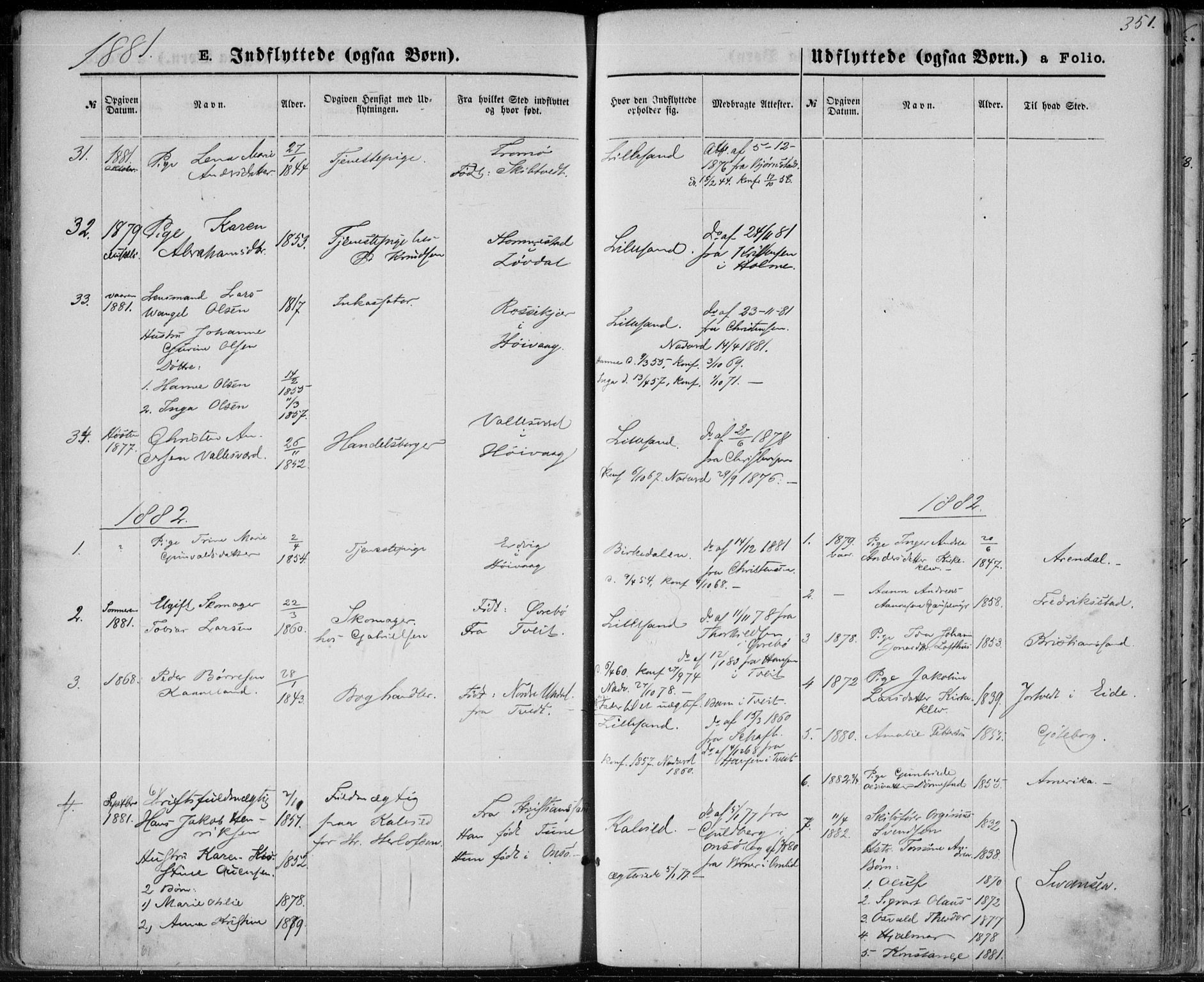 Vestre Moland sokneprestkontor, SAK/1111-0046/F/Fa/Fab/L0008: Parish register (official) no. A 8, 1873-1883, p. 351