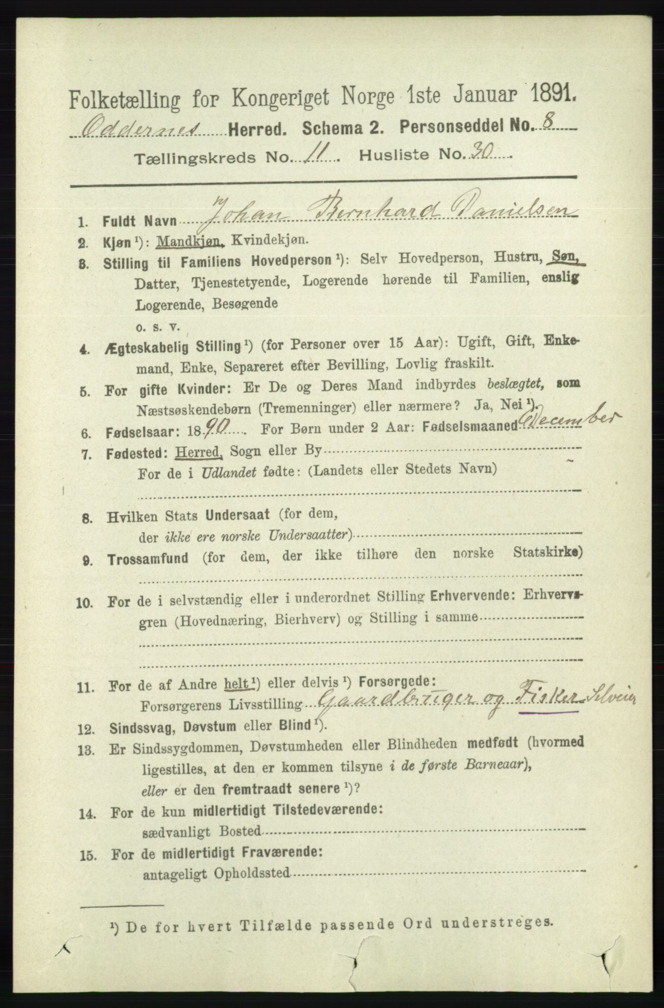 RA, 1891 census for 1012 Oddernes, 1891, p. 4305