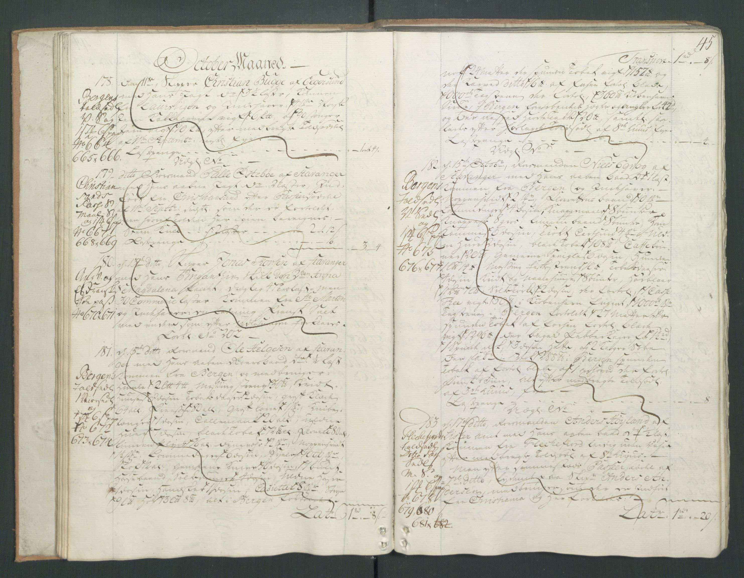 Generaltollkammeret, tollregnskaper, AV/RA-EA-5490/R22/L0026/0001: Tollregnskaper Stavanger / Hovedtollbok, 1764, p. 44b-45a