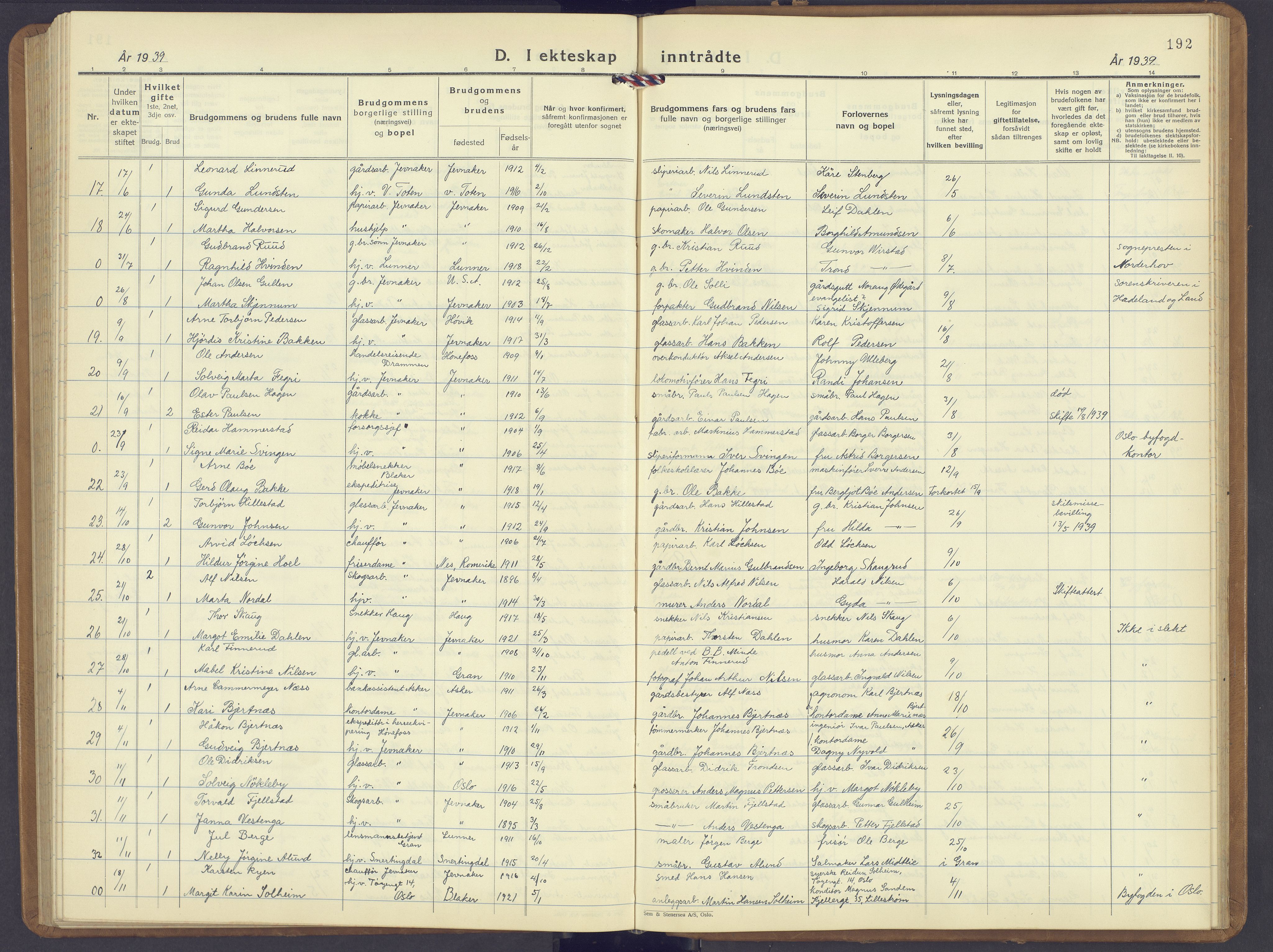 Jevnaker prestekontor, SAH/PREST-116/H/Ha/Hab/L0006: Parish register (copy) no. 6, 1930-1945, p. 192