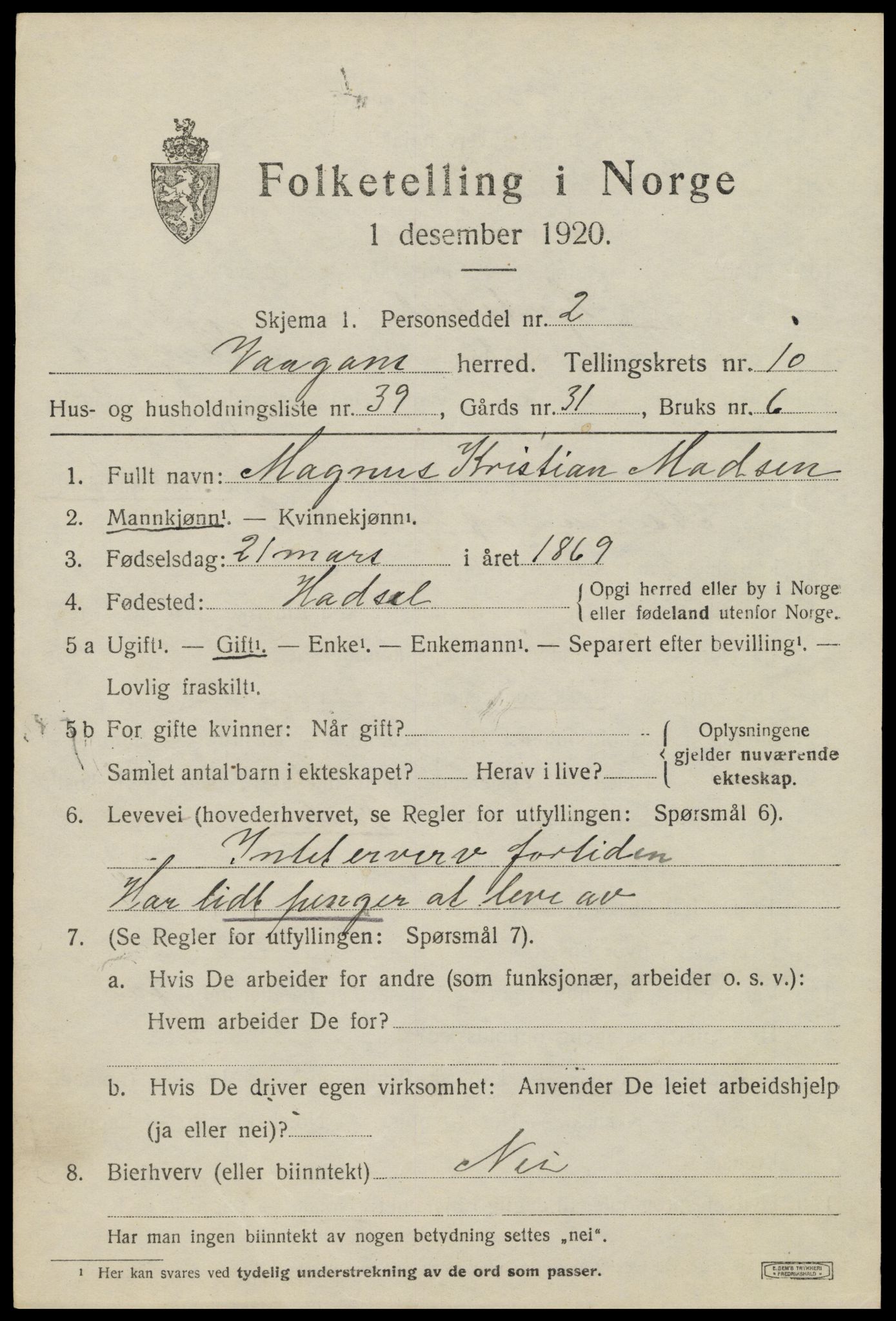 SAT, 1920 census for Vågan, 1920, p. 9307