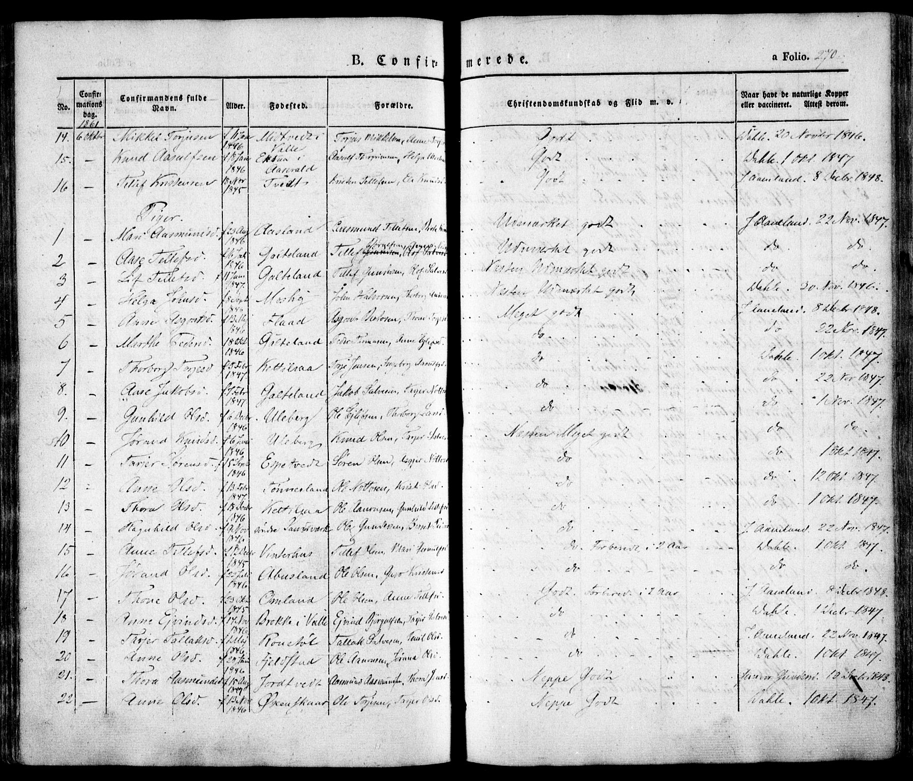 Evje sokneprestkontor, AV/SAK-1111-0008/F/Fa/Faa/L0005: Parish register (official) no. A 5, 1843-1865, p. 270