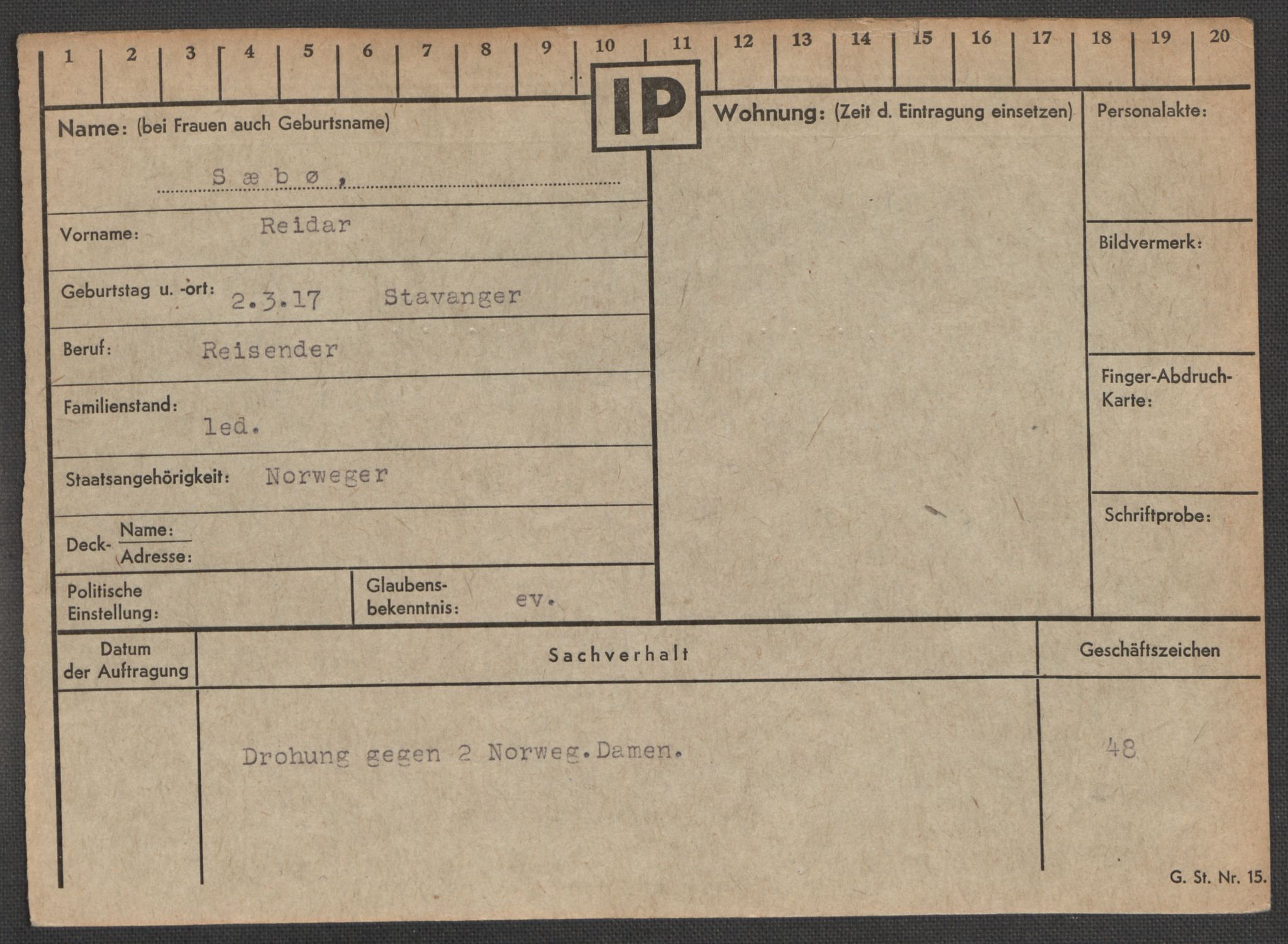 Befehlshaber der Sicherheitspolizei und des SD, RA/RAFA-5969/E/Ea/Eaa/L0009: Register over norske fanger i Møllergata 19: Ru-Sy, 1940-1945, p. 1662