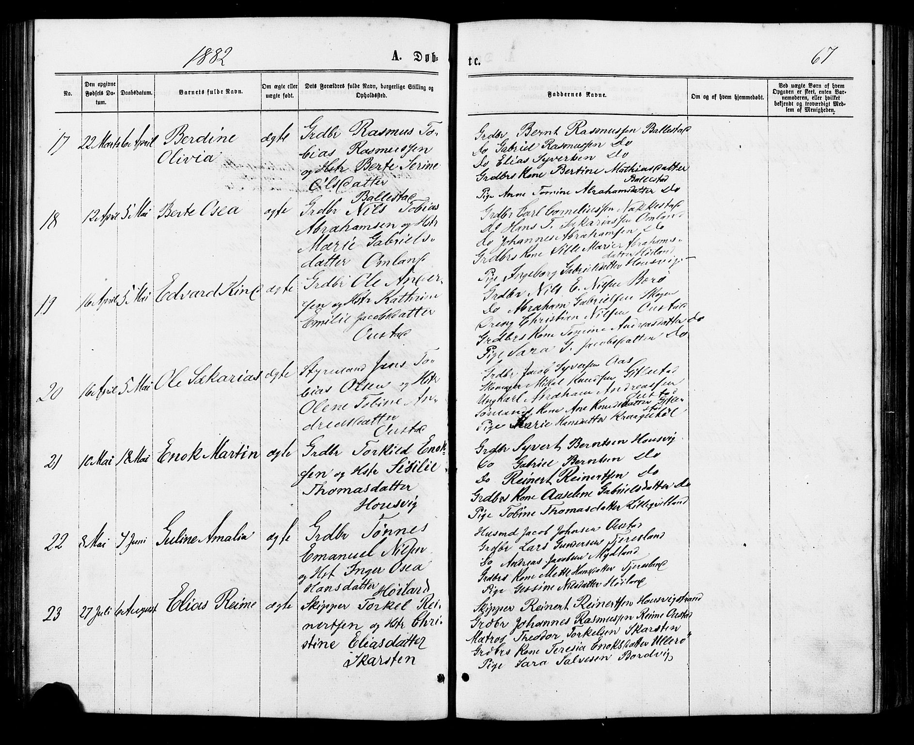 Lyngdal sokneprestkontor, SAK/1111-0029/F/Fa/Faa/L0003: Parish register (official) no. A 3, 1871-1882, p. 67