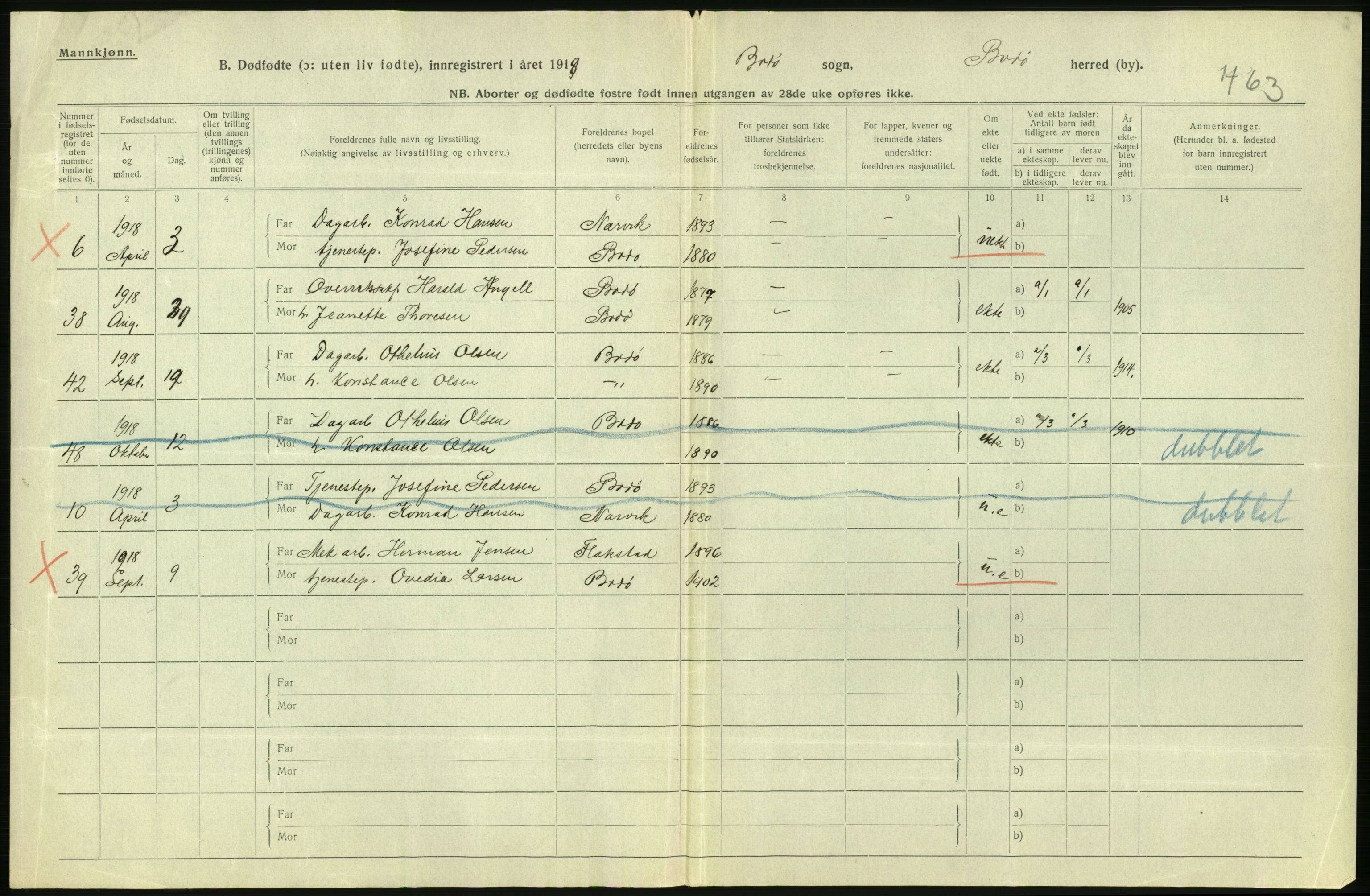 Statistisk sentralbyrå, Sosiodemografiske emner, Befolkning, RA/S-2228/D/Df/Dfb/Dfbh/L0054: Nordland fylke: Gifte, dødfødte. Bygder og byer., 1918, p. 376