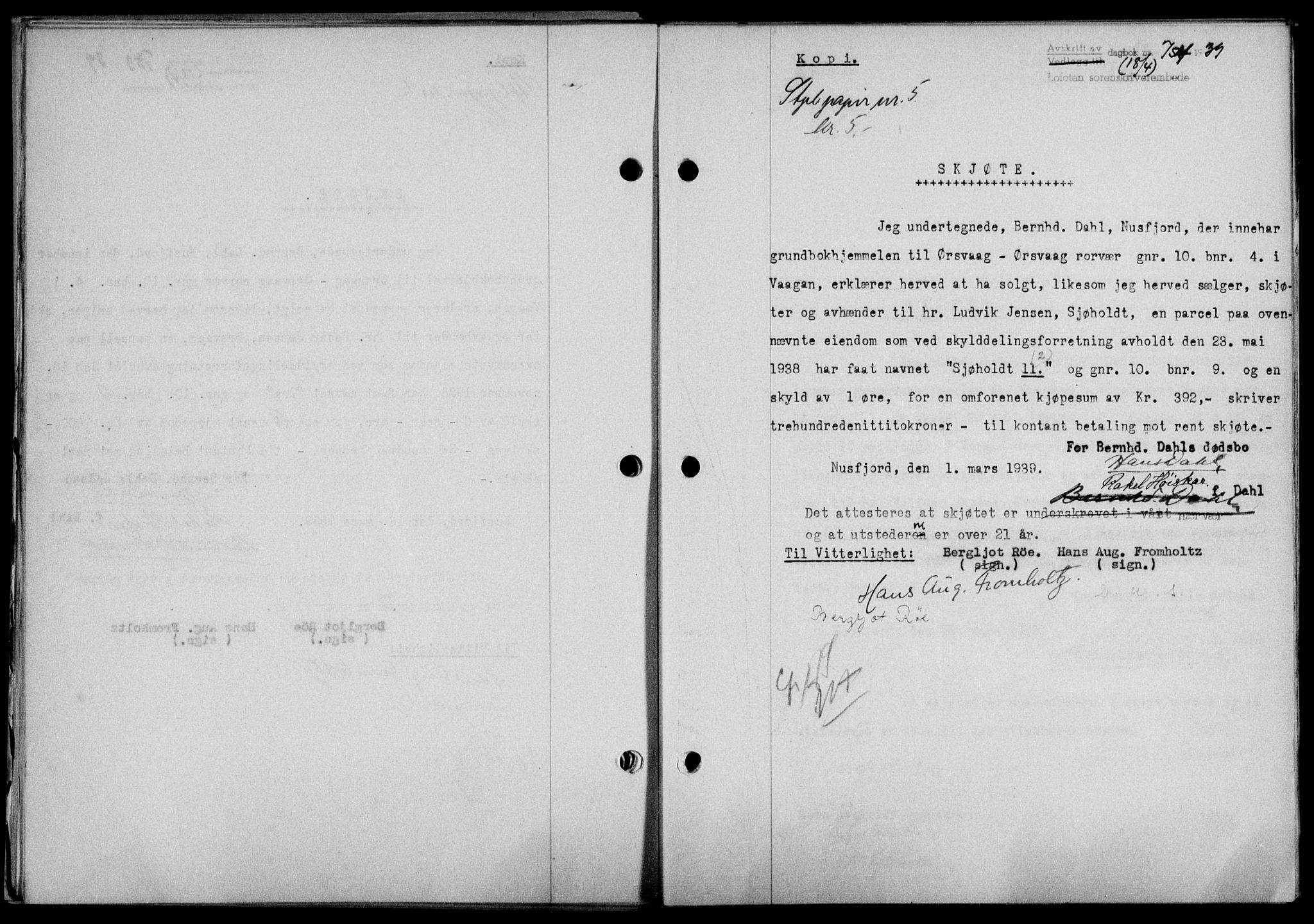 Lofoten sorenskriveri, SAT/A-0017/1/2/2C/L0005a: Mortgage book no. 5a, 1939-1939, Diary no: : 754/1939