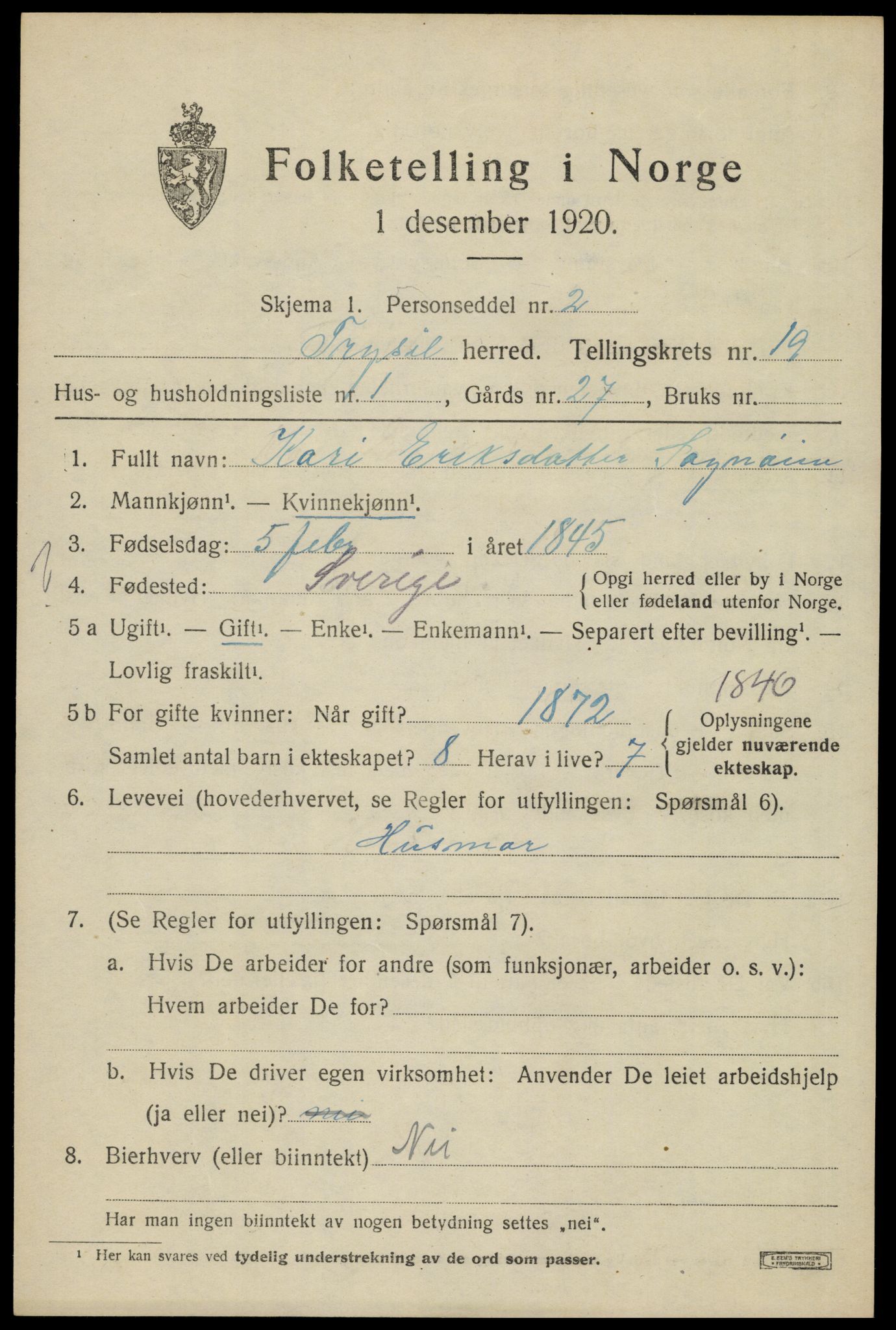 SAH, 1920 census for Trysil, 1920, p. 12727