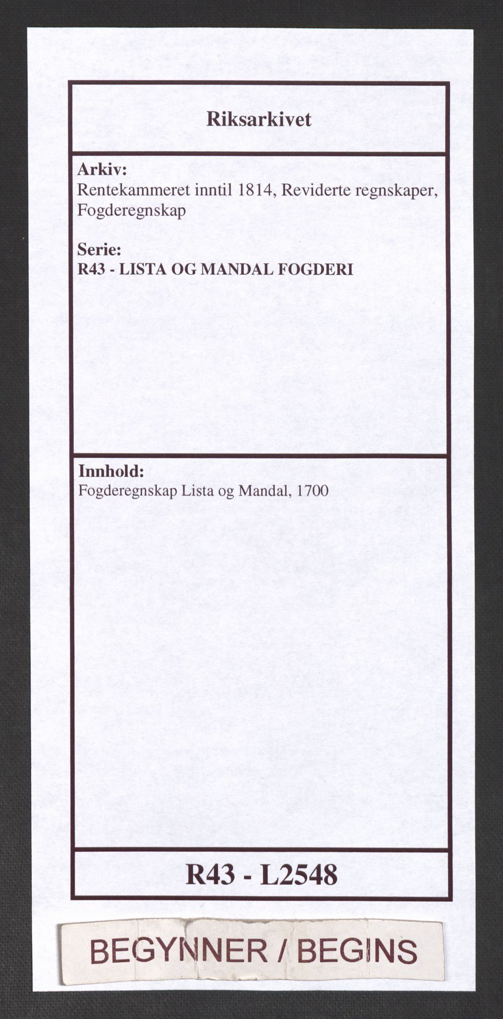 Rentekammeret inntil 1814, Reviderte regnskaper, Fogderegnskap, AV/RA-EA-4092/R43/L2548: Fogderegnskap Lista og Mandal, 1700, p. 1