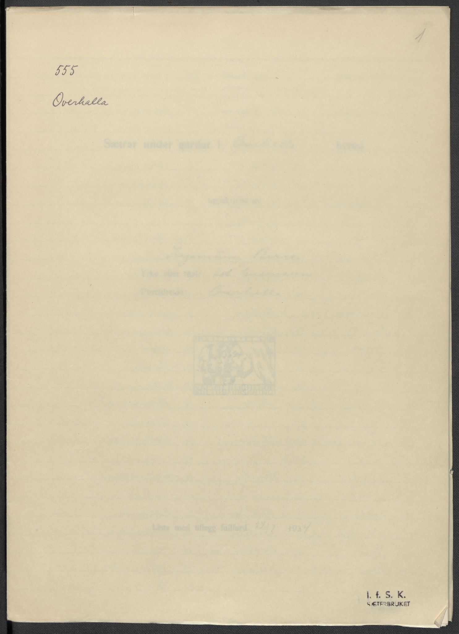 Instituttet for sammenlignende kulturforskning, RA/PA-0424/F/Fc/L0015/0003: Eske B15: / Nord-Trøndelag (perm XLIV-XLV), 1933-1939, p. 1001