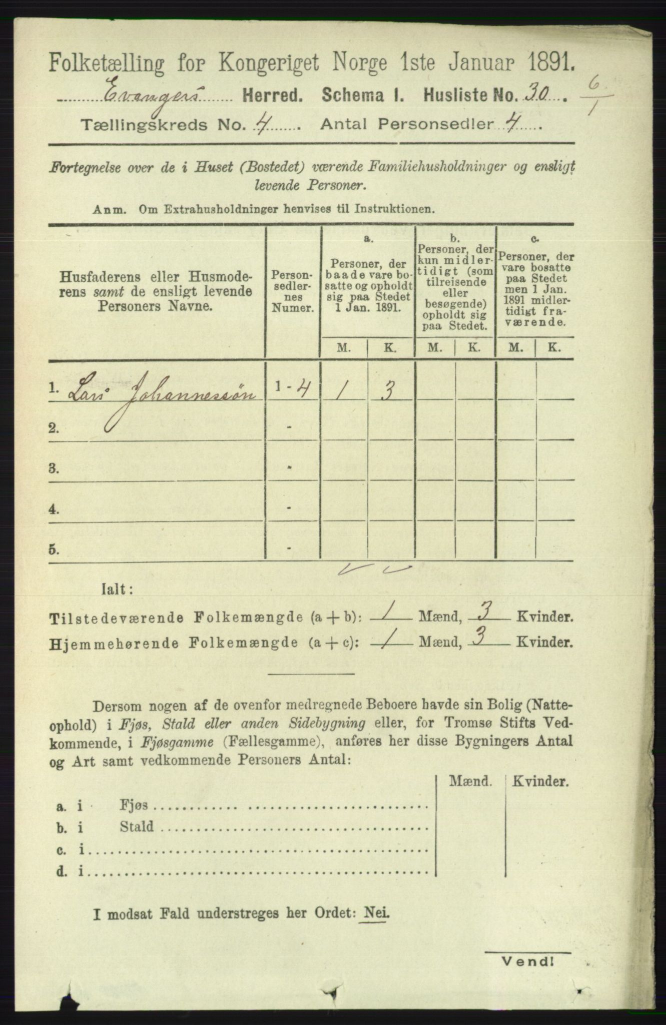 RA, 1891 census for 1237 Evanger, 1891, p. 1136