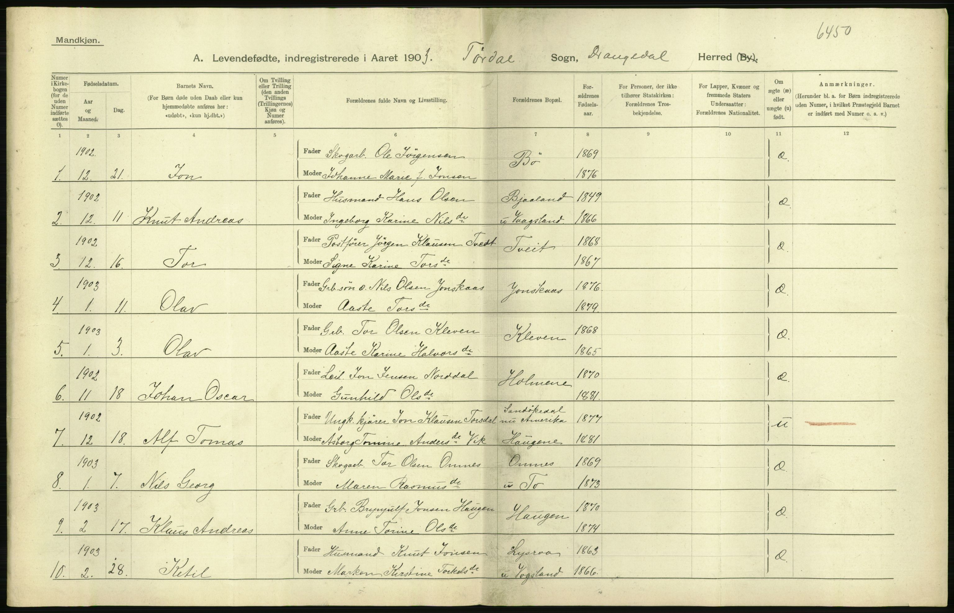 Statistisk sentralbyrå, Sosiodemografiske emner, Befolkning, AV/RA-S-2228/D/Df/Dfa/Dfaa/L0009: Bratsberg amt: Fødte, gifte, døde, 1903, p. 272