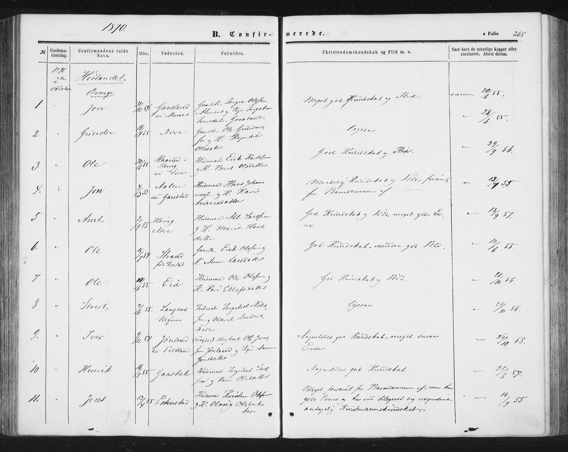 Ministerialprotokoller, klokkerbøker og fødselsregistre - Sør-Trøndelag, AV/SAT-A-1456/691/L1077: Parish register (official) no. 691A09, 1862-1873, p. 265