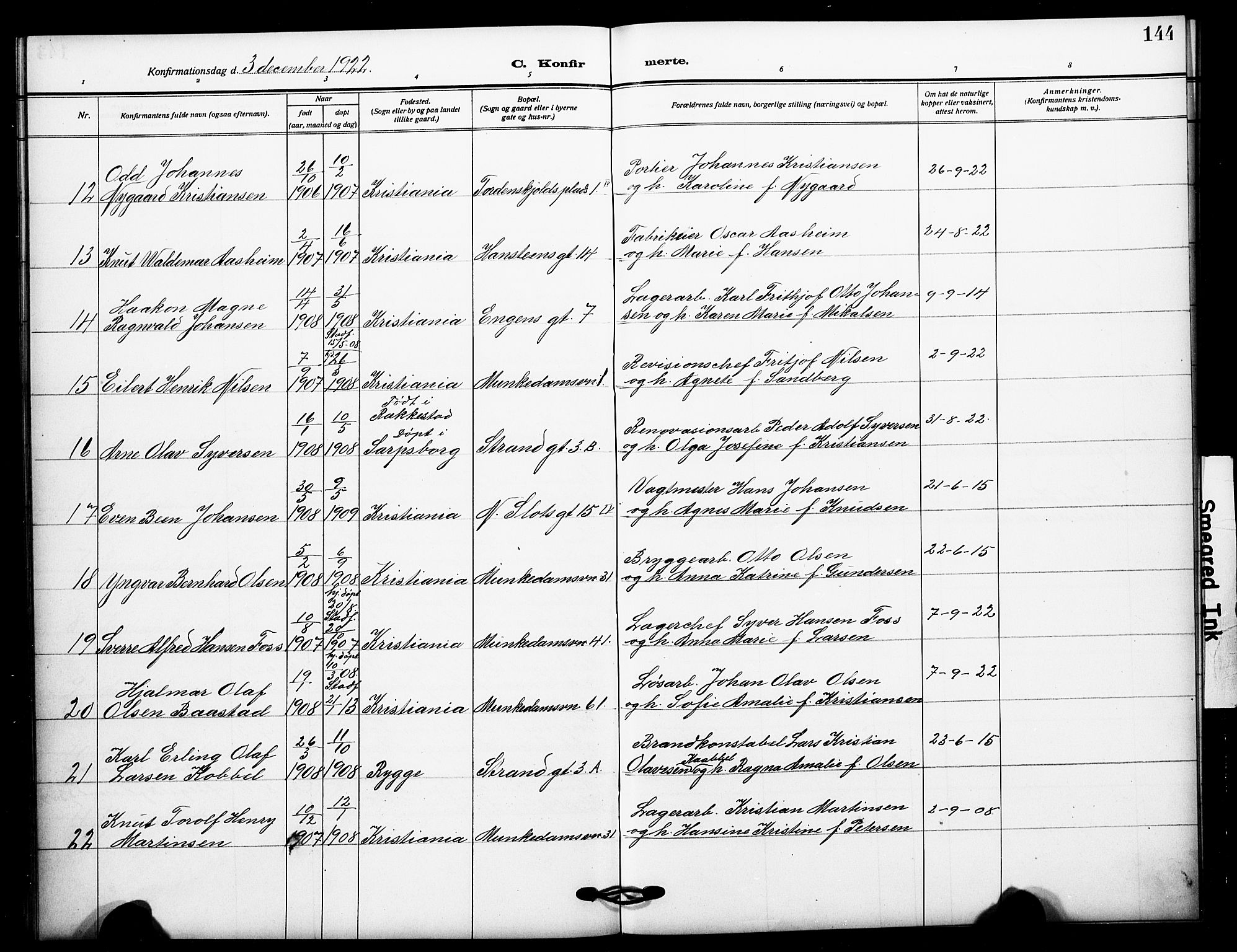 Johannes prestekontor Kirkebøker, AV/SAO-A-10852/F/Fa/L0011: Parish register (official) no. 11, 1908-1921, p. 144