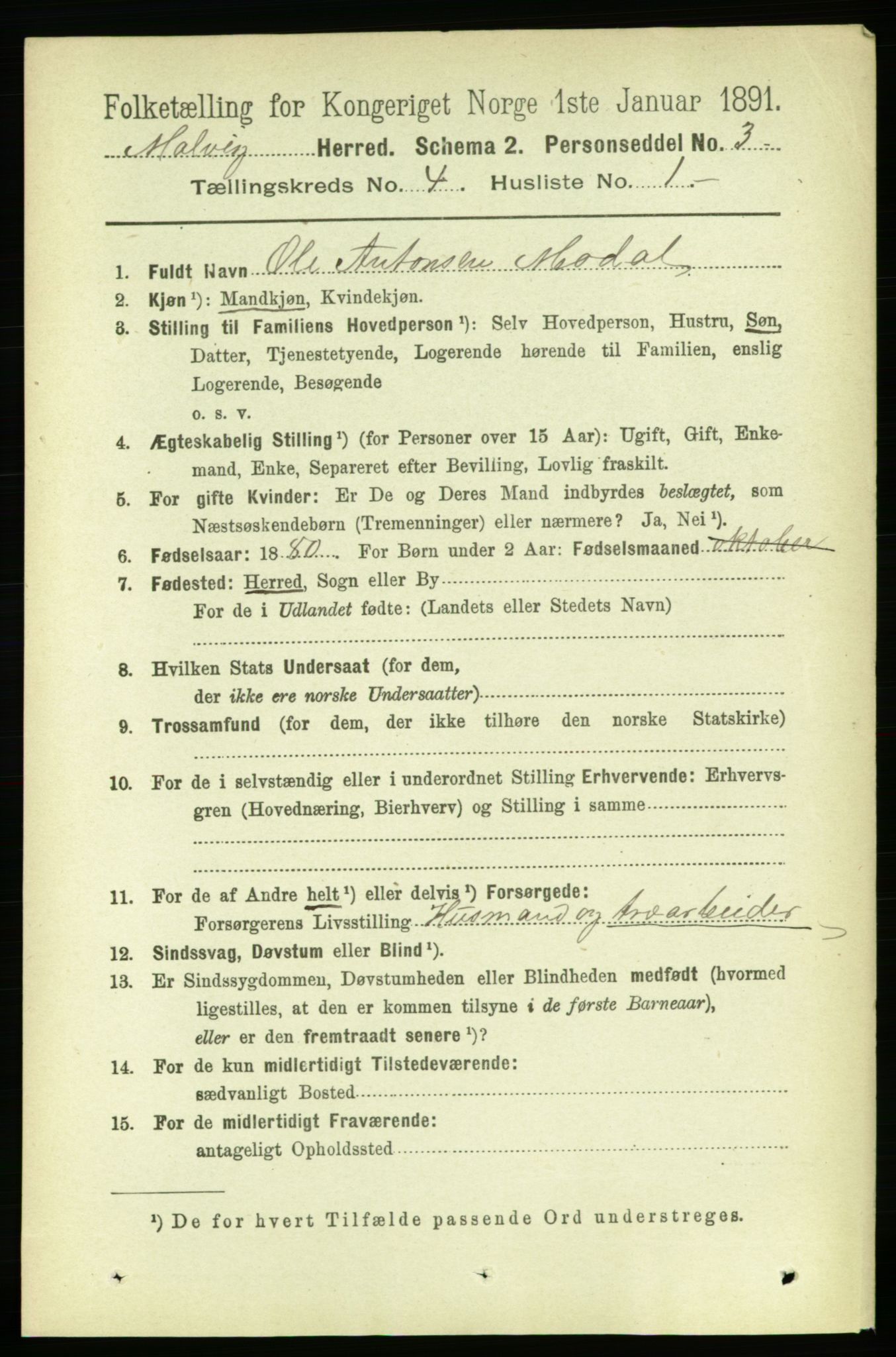 RA, 1891 census for 1663 Malvik, 1891, p. 2693