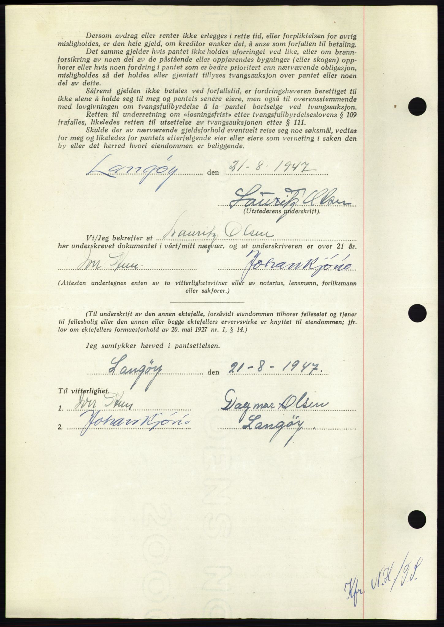 Nordmøre sorenskriveri, AV/SAT-A-4132/1/2/2Ca: Mortgage book no. B96, 1947-1947, Diary no: : 2100/1947