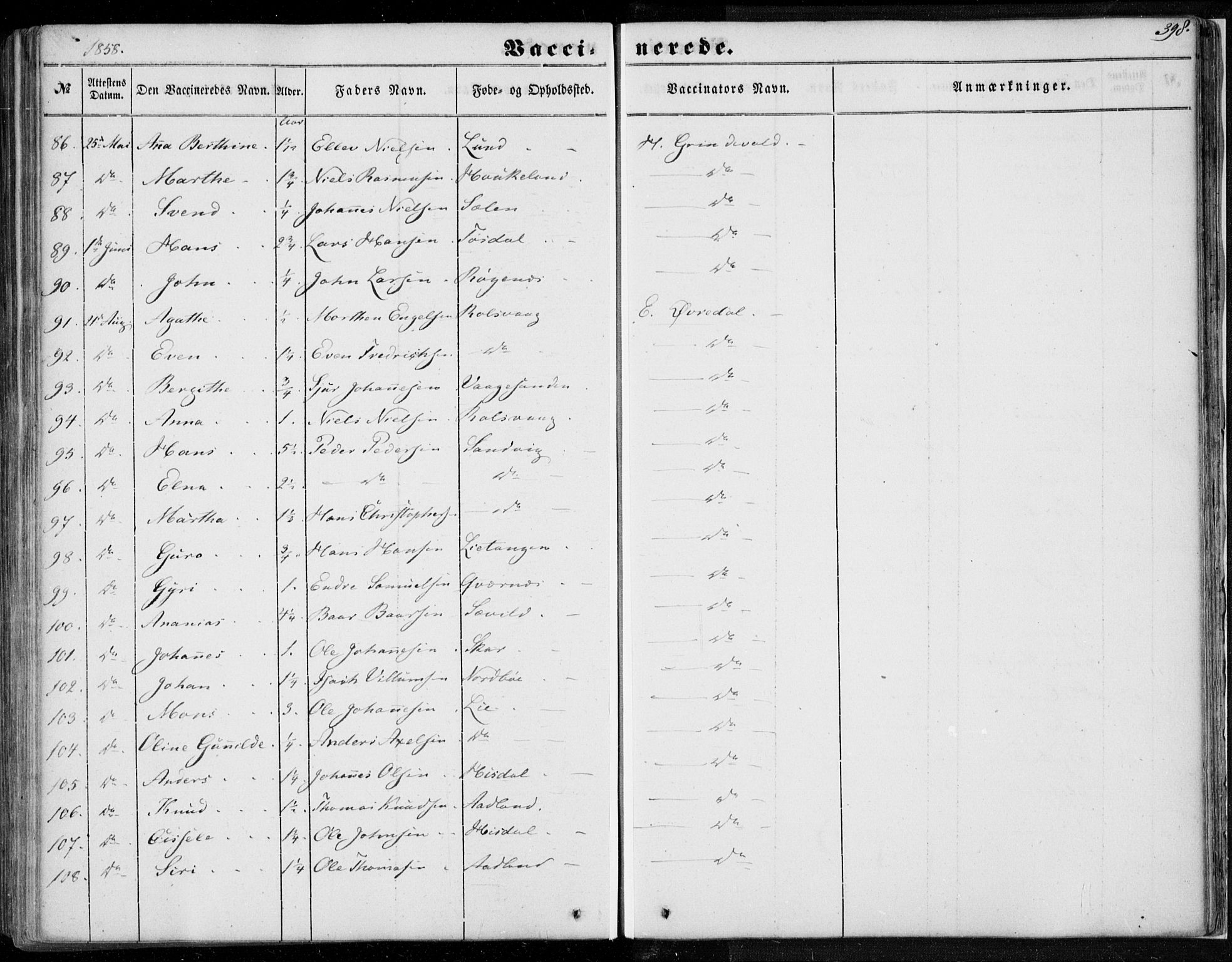 Os sokneprestembete, AV/SAB-A-99929: Parish register (official) no. A 16, 1851-1859, p. 398