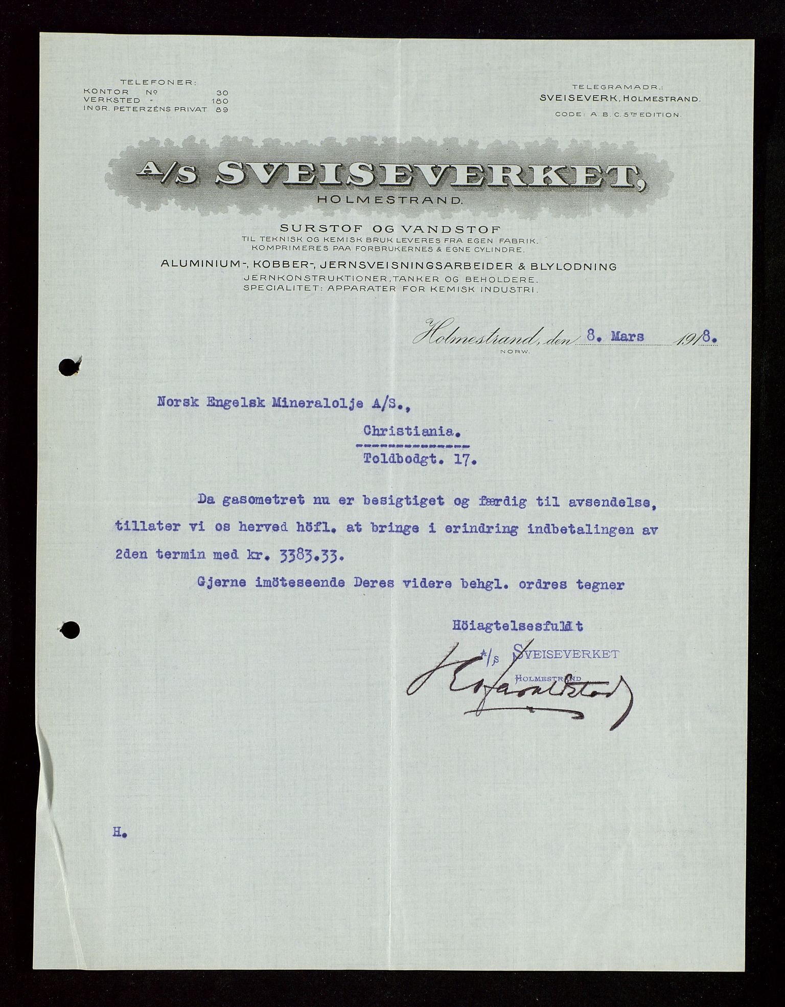 Pa 1521 - A/S Norske Shell, AV/SAST-A-101915/E/Ea/Eaa/L0003: Sjefskorrespondanse, 1918, p. 264