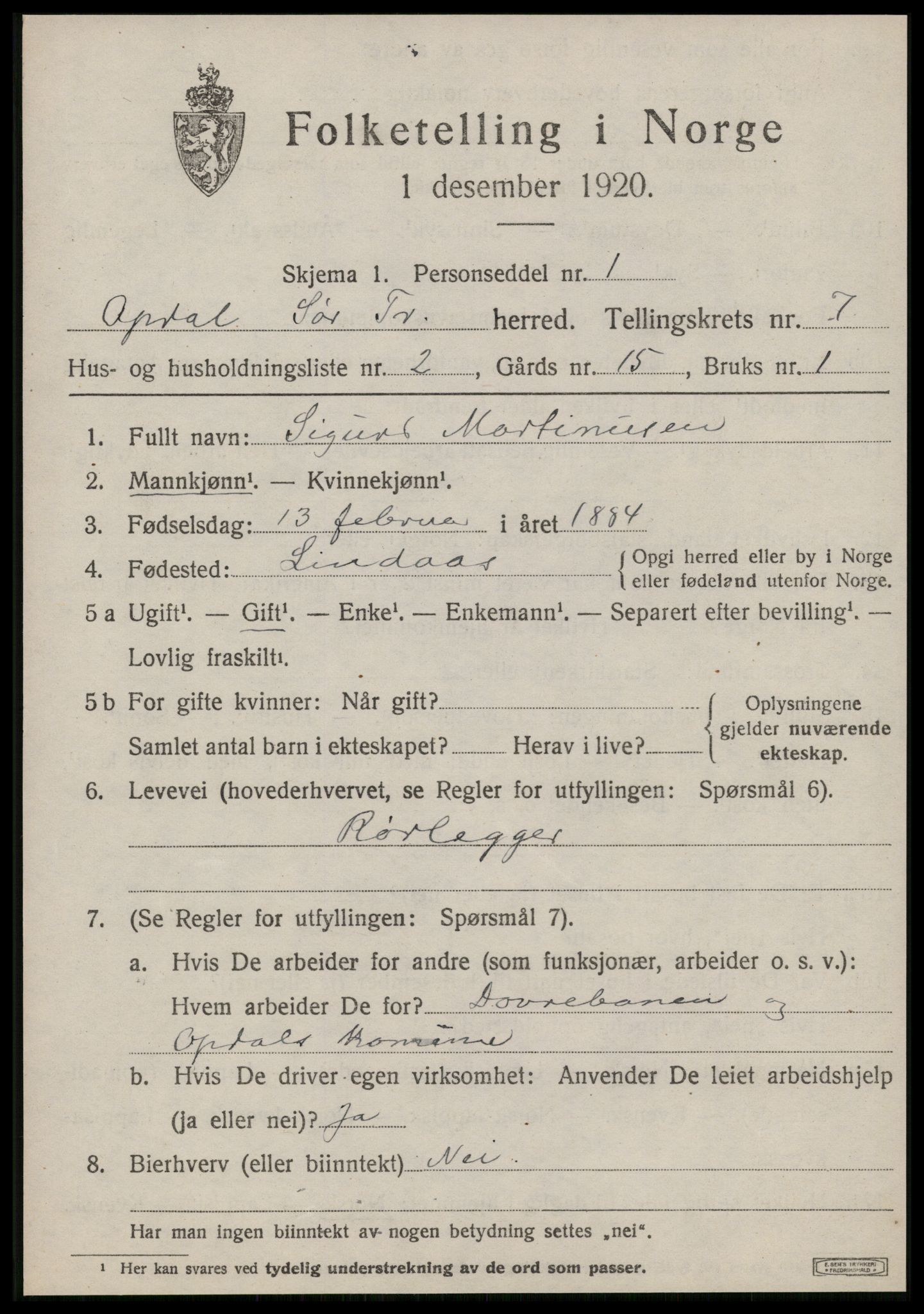 SAT, 1920 census for Oppdal, 1920, p. 5707