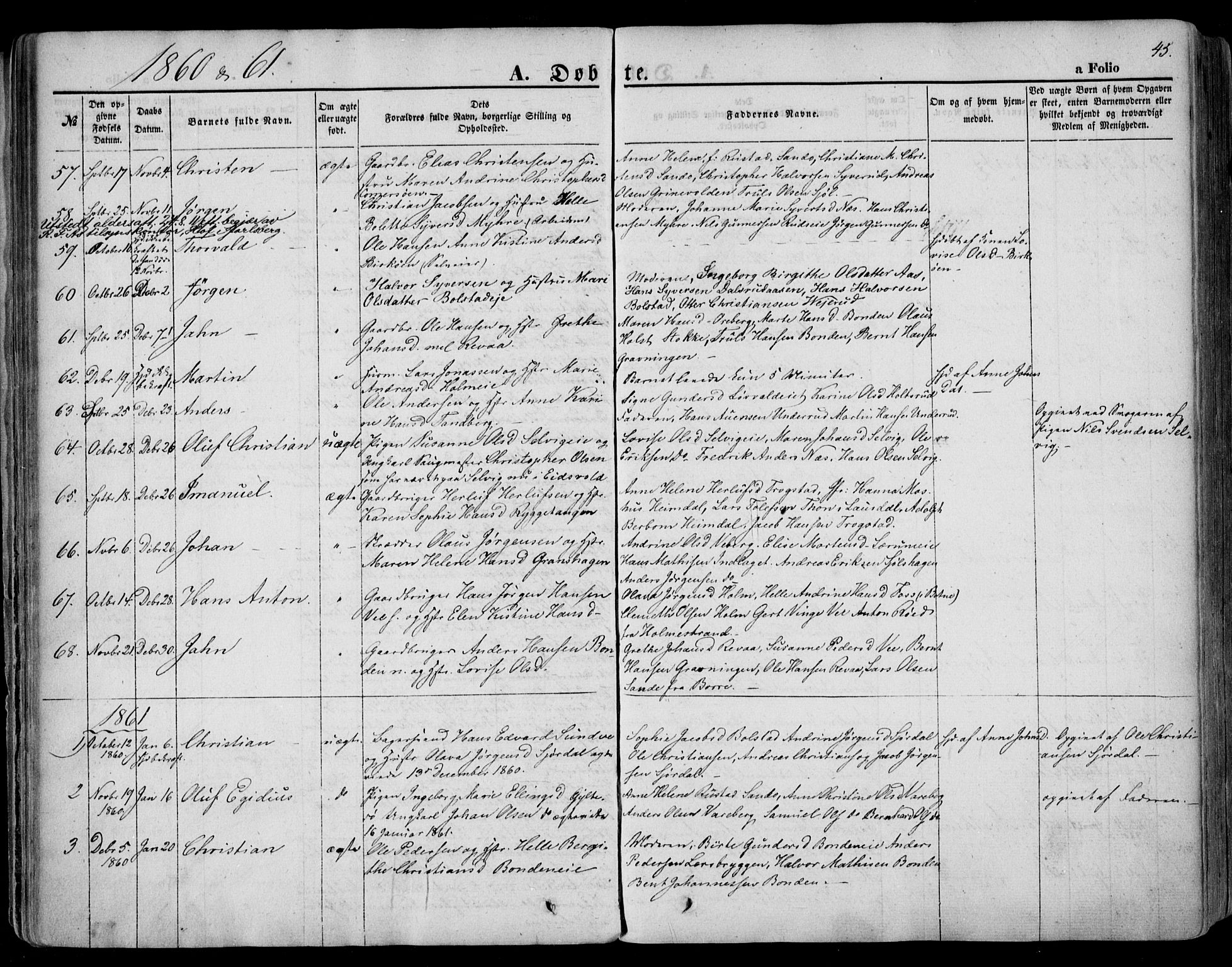 Sande Kirkebøker, SAKO/A-53/F/Fa/L0004: Parish register (official) no. 4, 1847-1864, p. 45