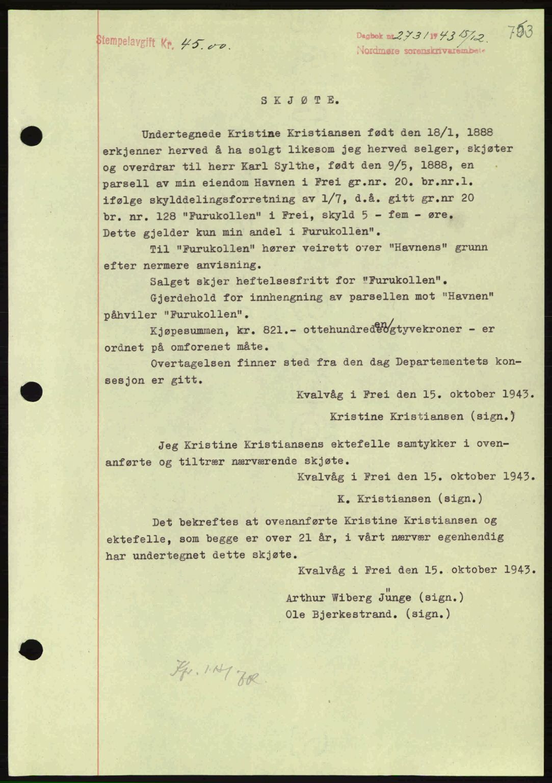 Nordmøre sorenskriveri, SAT/A-4132/1/2/2Ca: Mortgage book no. A96, 1943-1944, Diary no: : 2731/1943