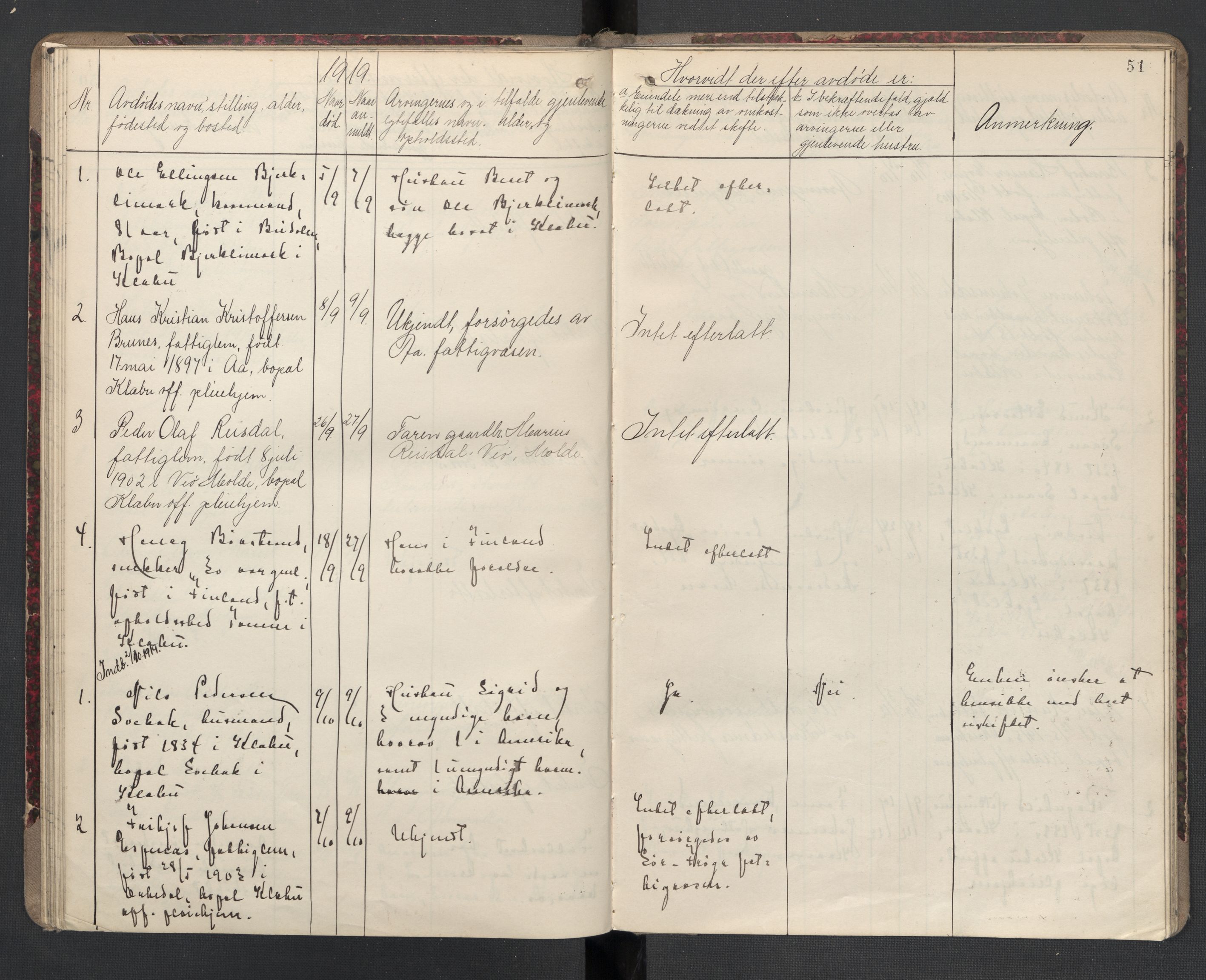 Klæbu lensmannskontor, SAT/A-1059/1/02/L0001: 2.01.01 Anmeldte dødsfall, 1908-1924, p. 51