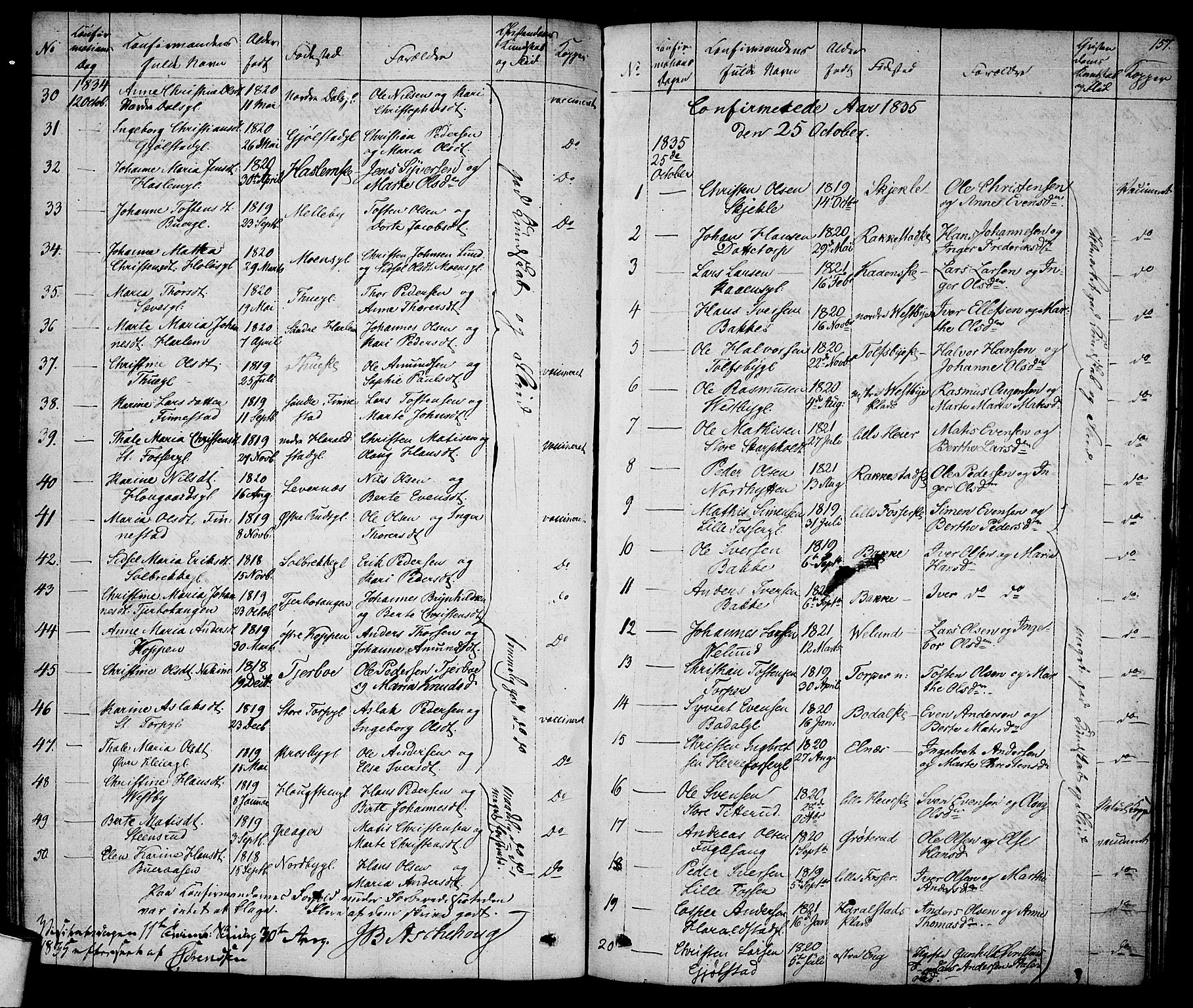 Rakkestad prestekontor Kirkebøker, SAO/A-2008/F/Fa/L0007: Parish register (official) no. I 7, 1825-1841, p. 157