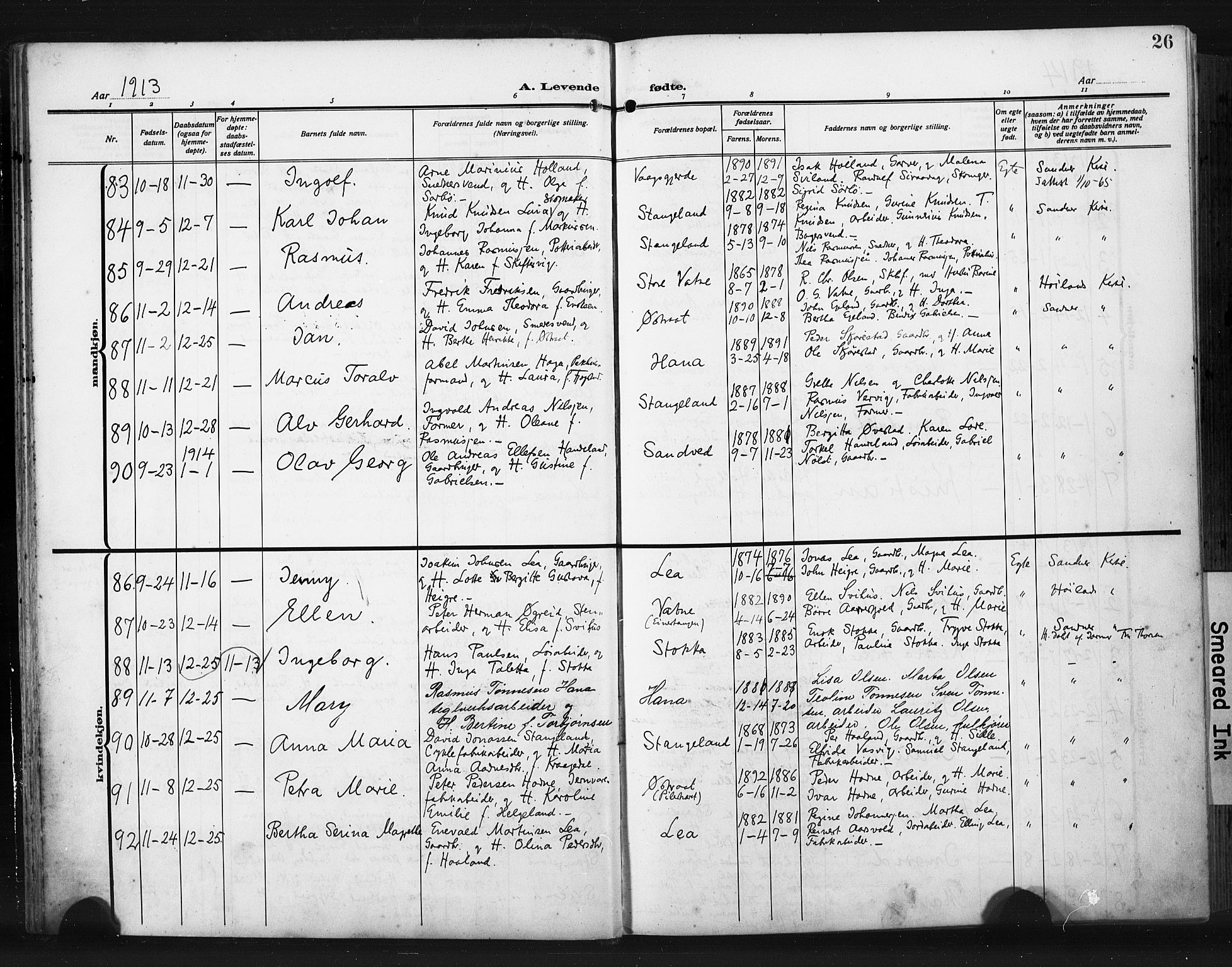 Høyland sokneprestkontor, AV/SAST-A-101799/001/30BA/L0017: Parish register (official) no. A 15, 1912-1924, p. 26