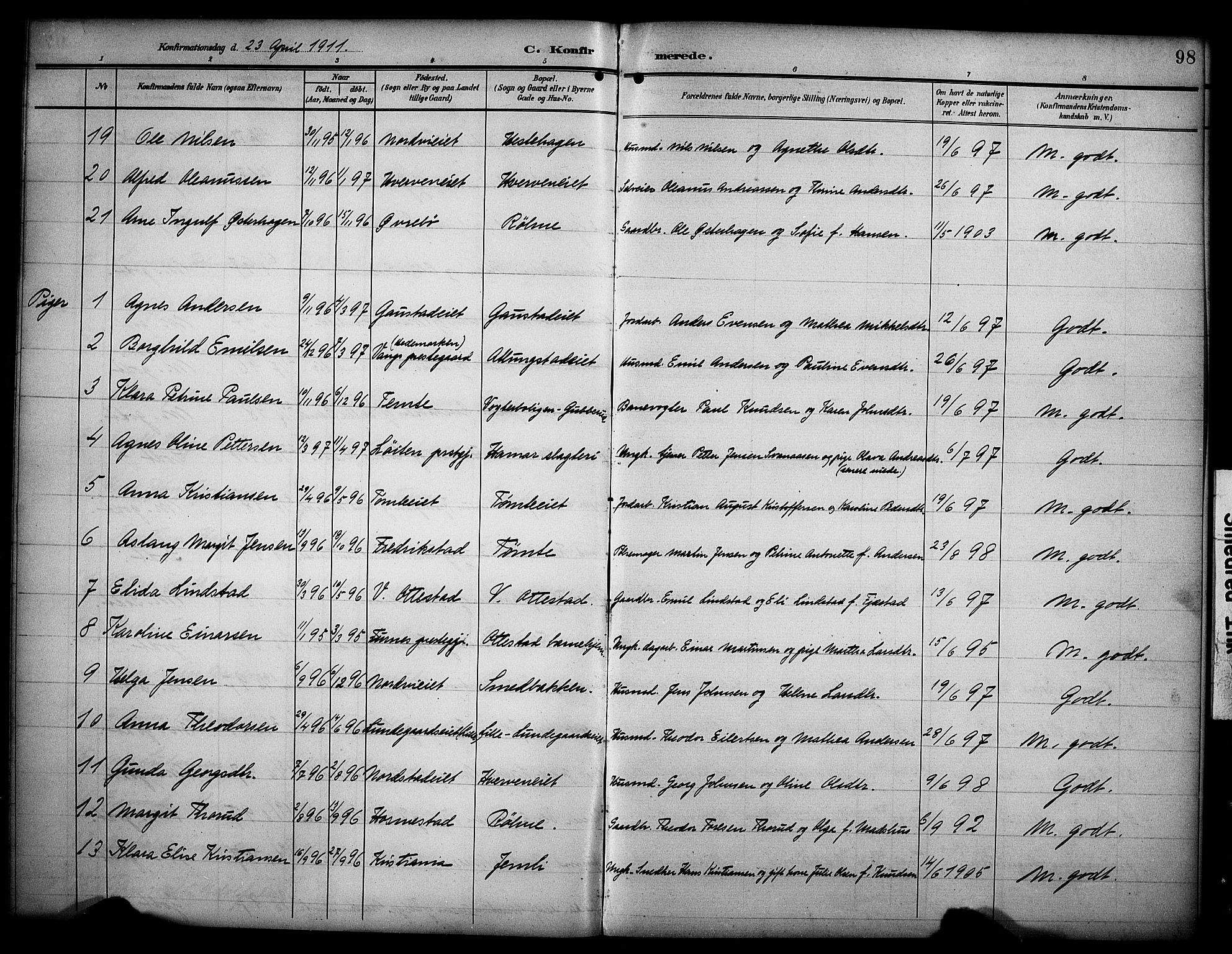 Stange prestekontor, AV/SAH-PREST-002/K/L0022: Parish register (official) no. 22, 1903-1914, p. 98