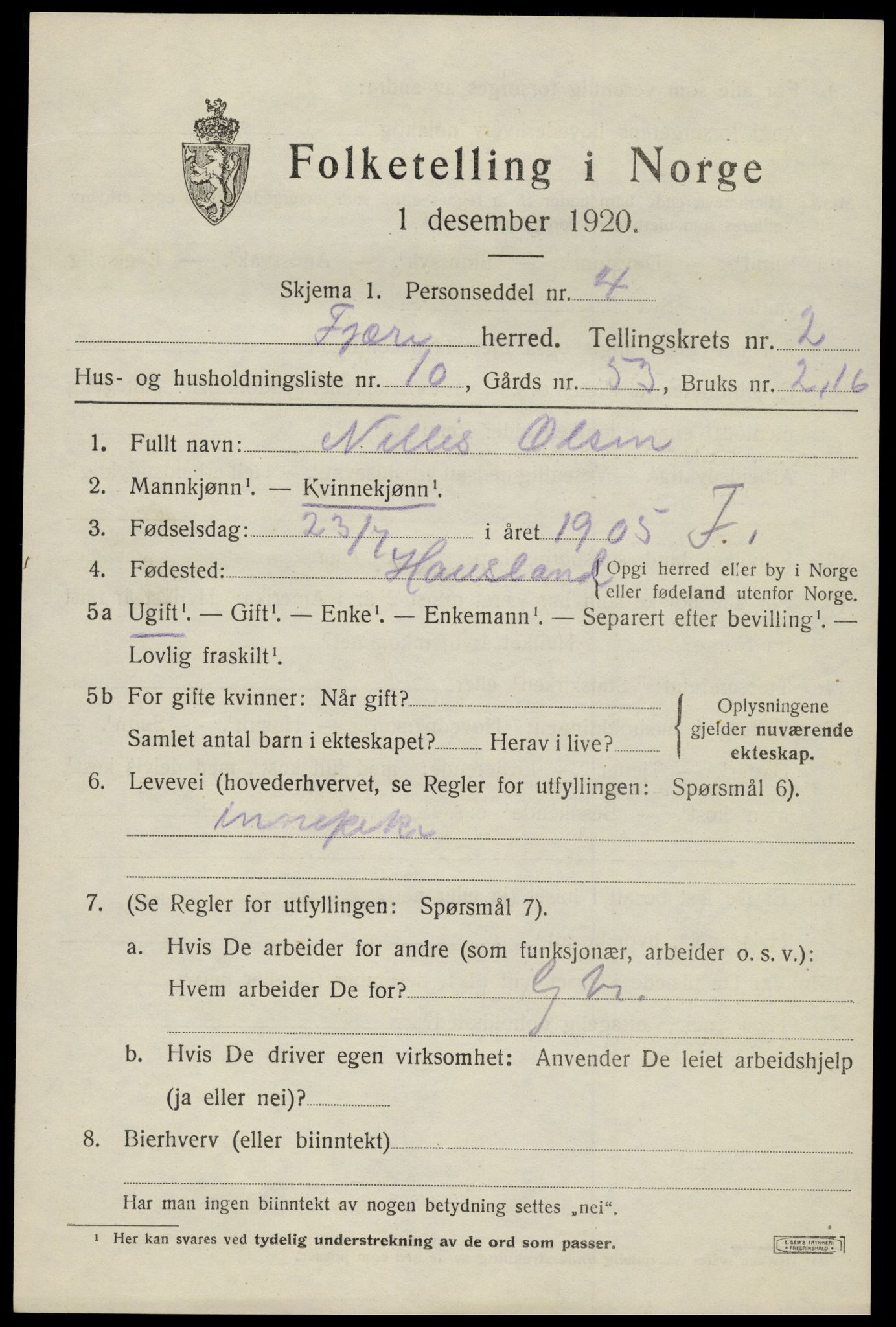 SAK, 1920 census for Fjære, 1920, p. 3353