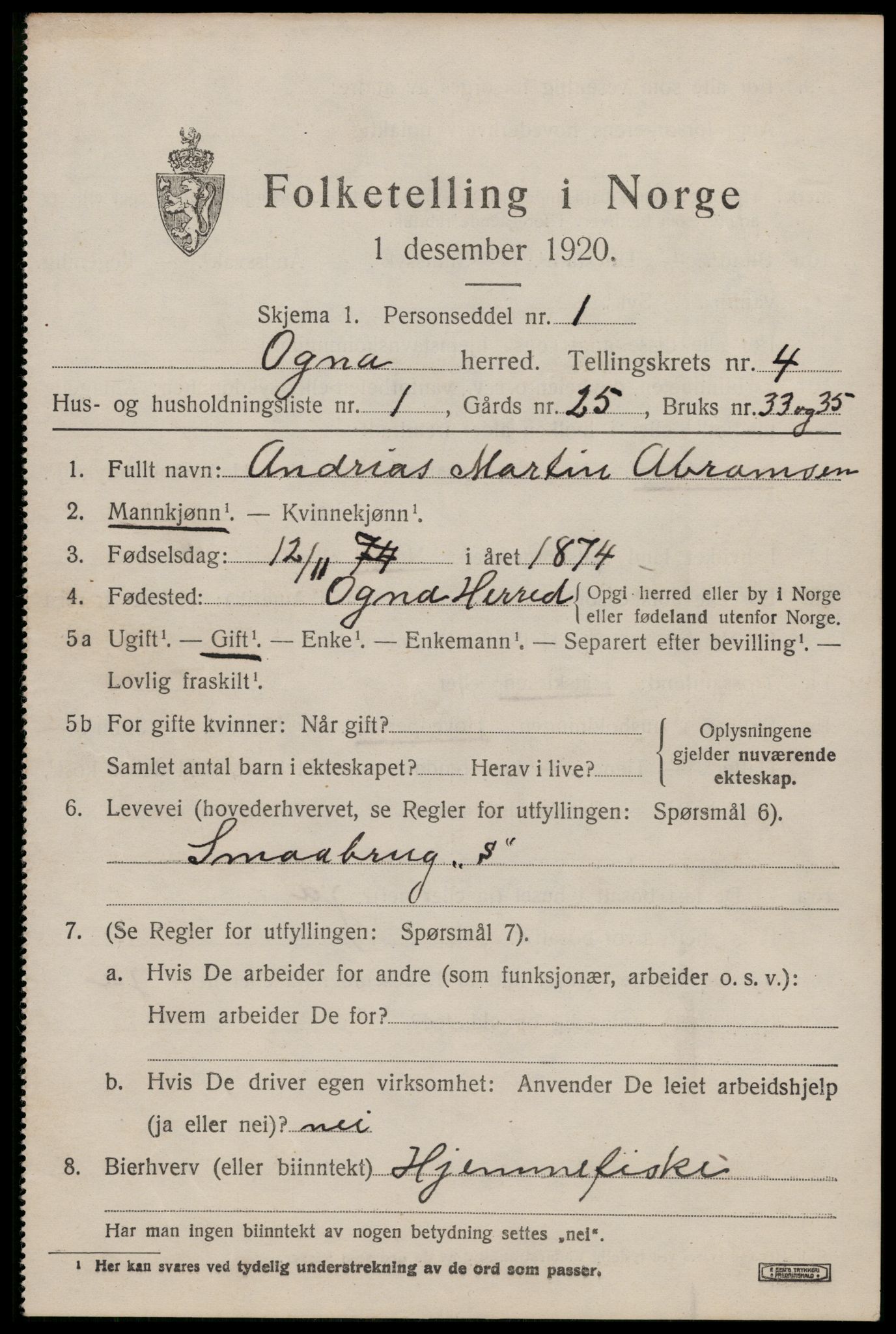 SAST, 1920 census for Ogna, 1920, p. 2447