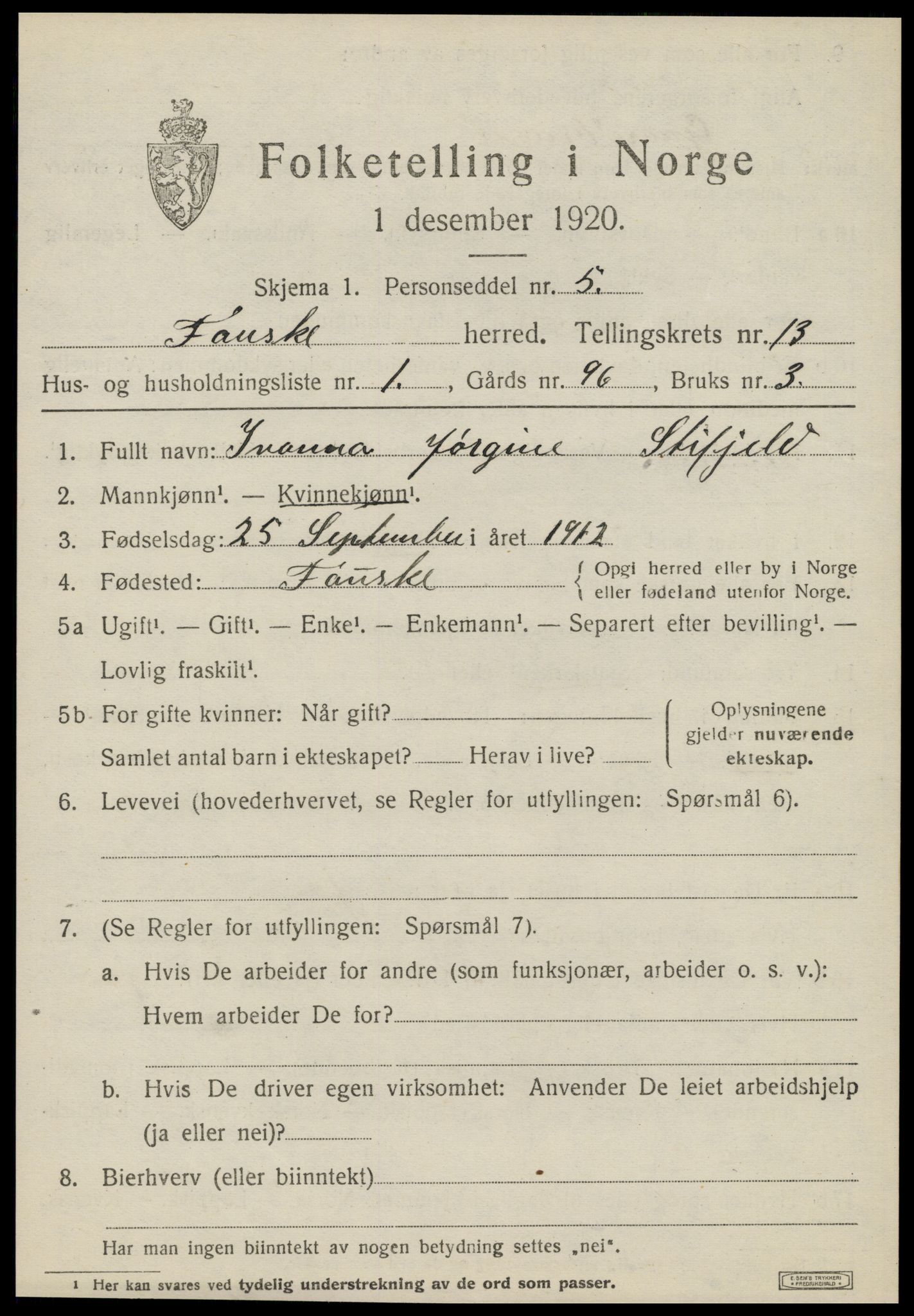 SAT, 1920 census for Fauske, 1920, p. 8368