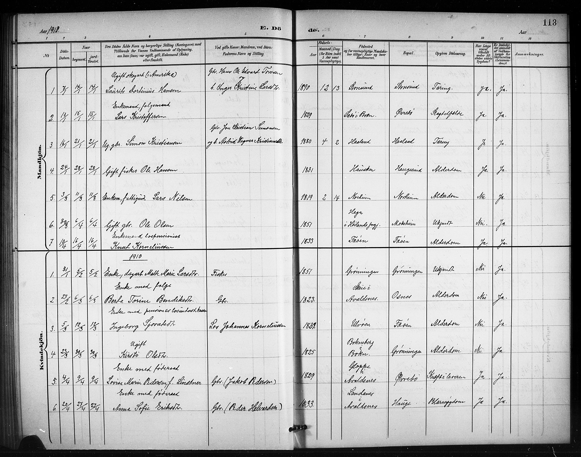 Torvastad sokneprestkontor, SAST/A -101857/H/Ha/Hab/L0008: Parish register (copy) no. B 8, 1901-1924, p. 113